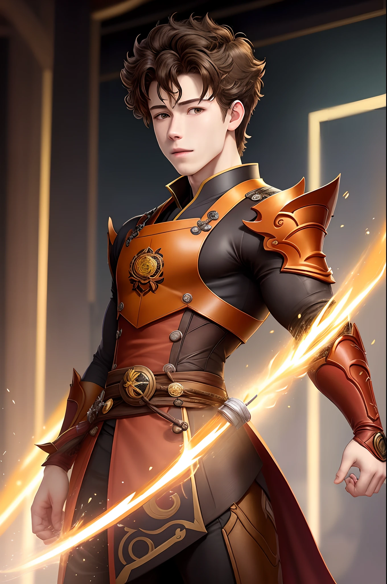 Shawn Mendes como personagem de genshin impact. detailed cenary. Poder da terra, roupas marrons e amarelo com laranja