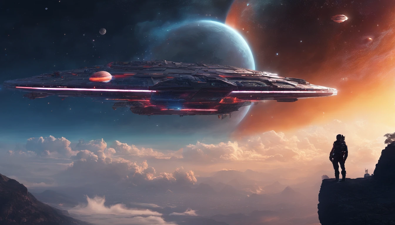 A couple Fighter Spaceship flying over a silhouette of a father and daughter from Vietnam who are standing on a mountain with the wind blowing the daughters hair and the fathers jacket, concept art wallpaper 4k, sci-fi fantasy wallpaper, sci fi artwork, detailed sci-fi art, beautiful sci fi art, spaceships in the cloudy sky, concept art artwork masterpiece, concept art 4k, concept art 4 k, sci fi concept art, mystical sci-fi concept art