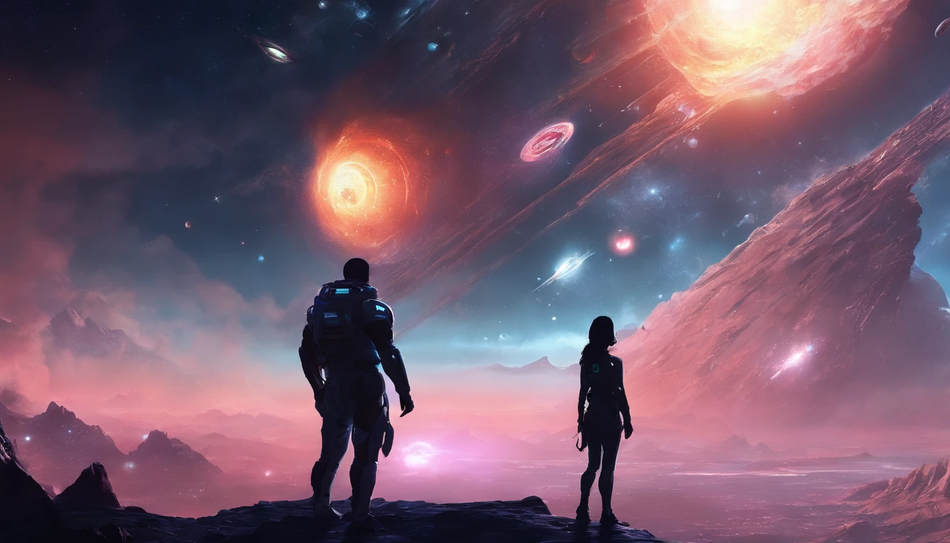 A couple Fighter Spaceship flying over a silhouette of a father and daughter from Vietnam who are standing on a mountain with the wind blowing the daughters hair and the fathers jacket, concept art wallpaper 4k, sci-fi fantasy wallpaper, sci fi artwork, detailed sci-fi art, beautiful sci fi art, spaceships in the cloudy sky, concept art artwork masterpiece, concept art 4k, concept art 4 k, sci fi concept art, mystical sci-fi concept art