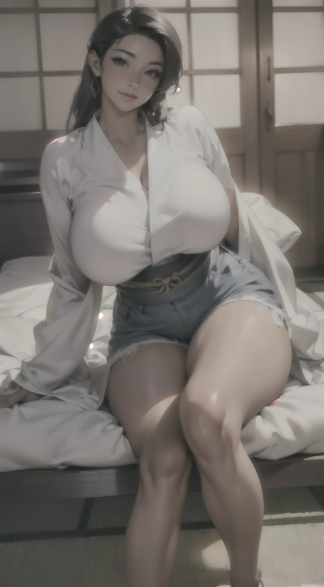 (1 realistic lady), (From the bottom up), staring at viewer, masterpiece, vibrant colors, shadows, bedroom setting, effeminine, bath robe, shirtless, slim waist, big hips, wide hips, large butt, young, tan, female, slim，legs are open，Sit，focuses on the lower body，bare-feet，(((Very MILF fat leg shape)))，(gigantic hip:1.5), (ultra cute Japanese-Taiwanese hermaphrodite idol face:1.4), (Taiwanese native beauty face), (Lady's hairstyle), masterpiece, best quality，Masculine arms，(all Hands are wrapped in sleeves), (Hazy:1.4), (ultra huge breasts:1.6), ［human|Silicone sex doll］, perfect fingers, perfect fat mature legs，Both legs are equal, long hair, (Unlike the ordinary Lora face:1.4), (8k,RAW photo,photorealistic:1.25)(Gloss on lips，eyeslashes，Glossy side with shiny skin,best qualtiy,超高分辨率,depth of fields,color difference,Caustics,Wide light,naturalshadow，Brown pupils), (tan skin, brown skin, dark skin:1.8),  (no makeup:1.4), (45 yo), (chinky eyes:1.5), (darker wheat-colored skin:1.4), (thick eyeslashes), (ssmile:1.1), (even skintone:1.4), White tight-fitting top，Denim shorts, Taiwanese aboriginal girl, Soft, full breasts