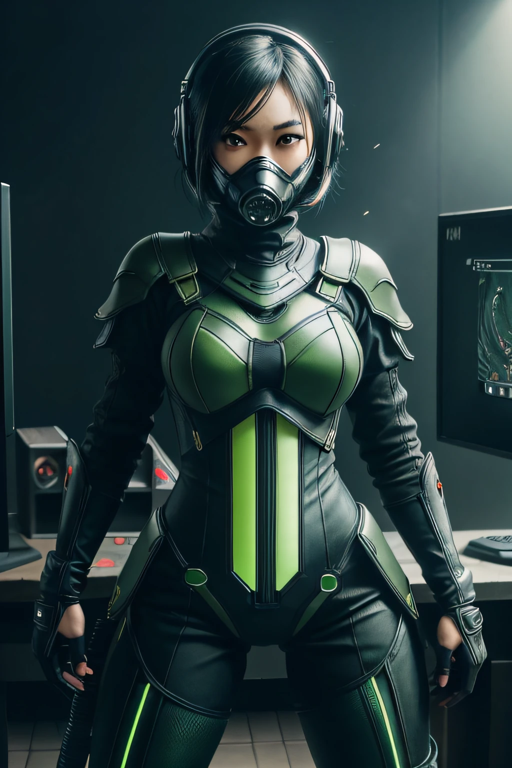 beautiful japanese young woman, extreme detailed, bodysuit, gloves, belt, thigh boots, (valorantViper:1.2), bodysuit, gloves, belt, thigh boots, respirator, looking at viewer, face, portrait, close-up, green, slender, (combat ready stance), (tactical outfit), (solo character), (gaming theme:1.5), short hair, green, (black hair), (milittary gear), (gas mask:0.4), (poisonous green:1.2), (glowing effects),