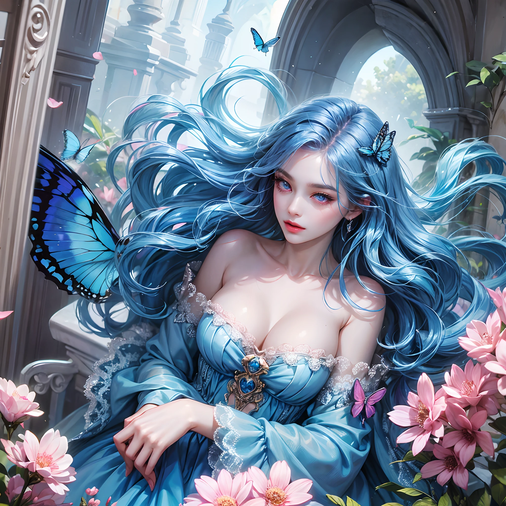 a women, blue butterfly, blue hair, pink eyes, blue dress