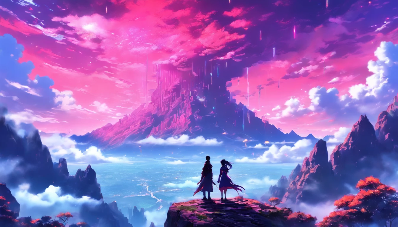 A couple Fighter Spaceship flying over a silhouette of a father and daughter from Vietnam who are standing on a mountain with the wind blowing the daughters hair and the fathers jacket, concept art wallpaper 4k, sci-fi fantasy wallpaper, sci fi artwork, detailed sci-fi art, beautiful sci fi art, spaceships in the cloudy sky, concept art artwork masterpiece, concept art 4k, concept art 4 k, sci fi concept art, mystical sci-fi concept art