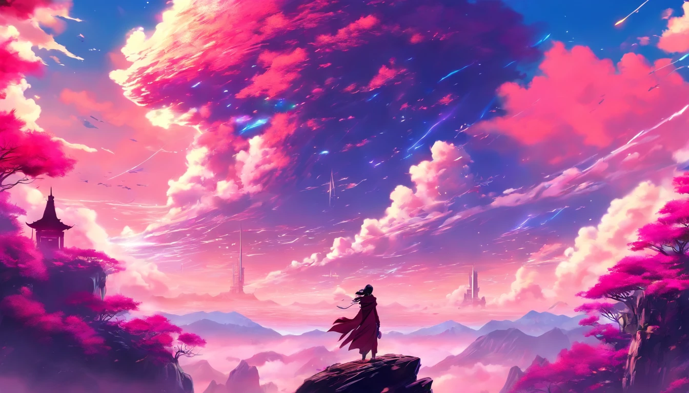 A couple Fighter Spaceship flying over a silhouette of a father and daughter from Vietnam who are standing on a mountain with the wind blowing the daughters hair and the fathers jacket, concept art wallpaper 4k, sci-fi fantasy wallpaper, sci fi artwork, detailed sci-fi art, beautiful sci fi art, spaceships in the cloudy sky, concept art artwork masterpiece, concept art 4k, concept art 4 k, sci fi concept art, mystical sci-fi concept art