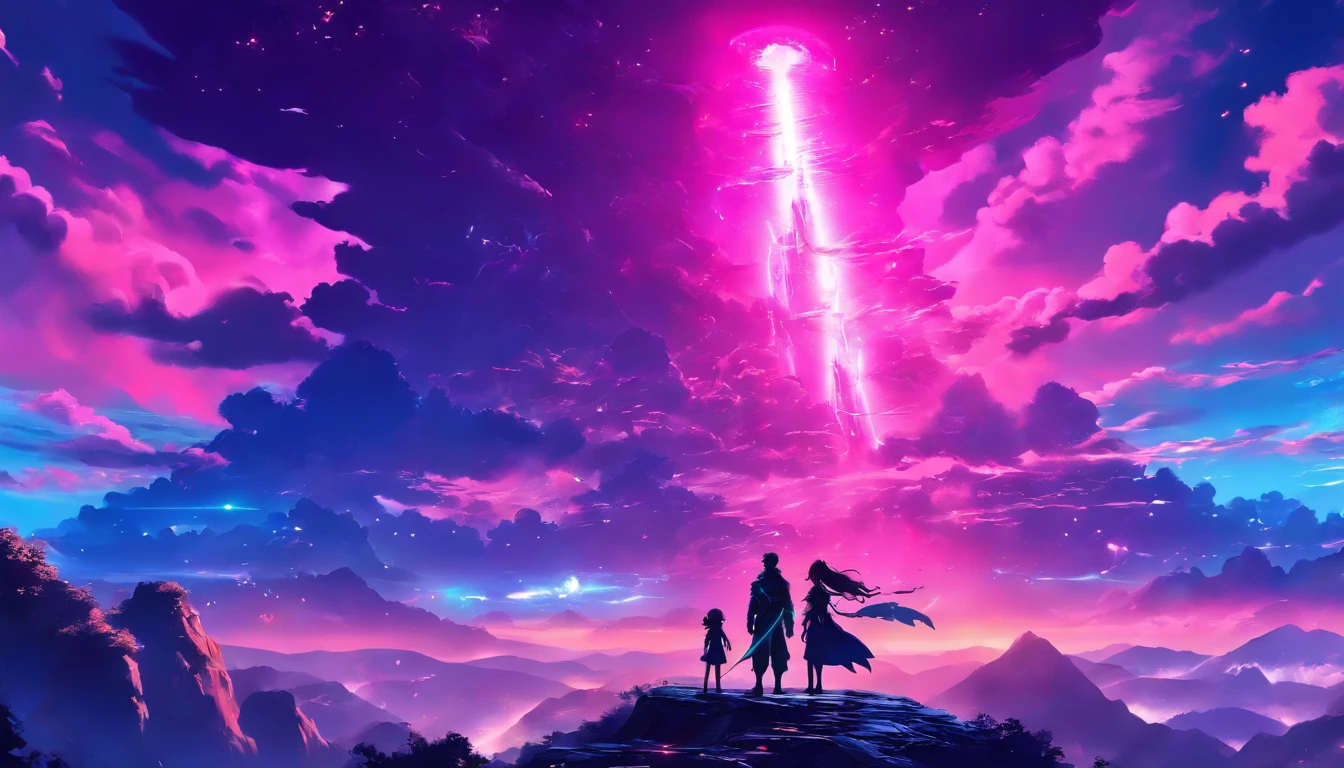 A couple Fighter Spaceship flying over a silhouette of a father and daughter from Vietnam who are standing on a mountain with the wind blowing the daughters hair and the fathers jacket, concept art wallpaper 4k, sci-fi fantasy wallpaper, sci fi artwork, detailed sci-fi art, beautiful sci fi art, spaceships in the cloudy sky, concept art artwork masterpiece, concept art 4k, concept art 4 k, sci fi concept art, mystical sci-fi concept art