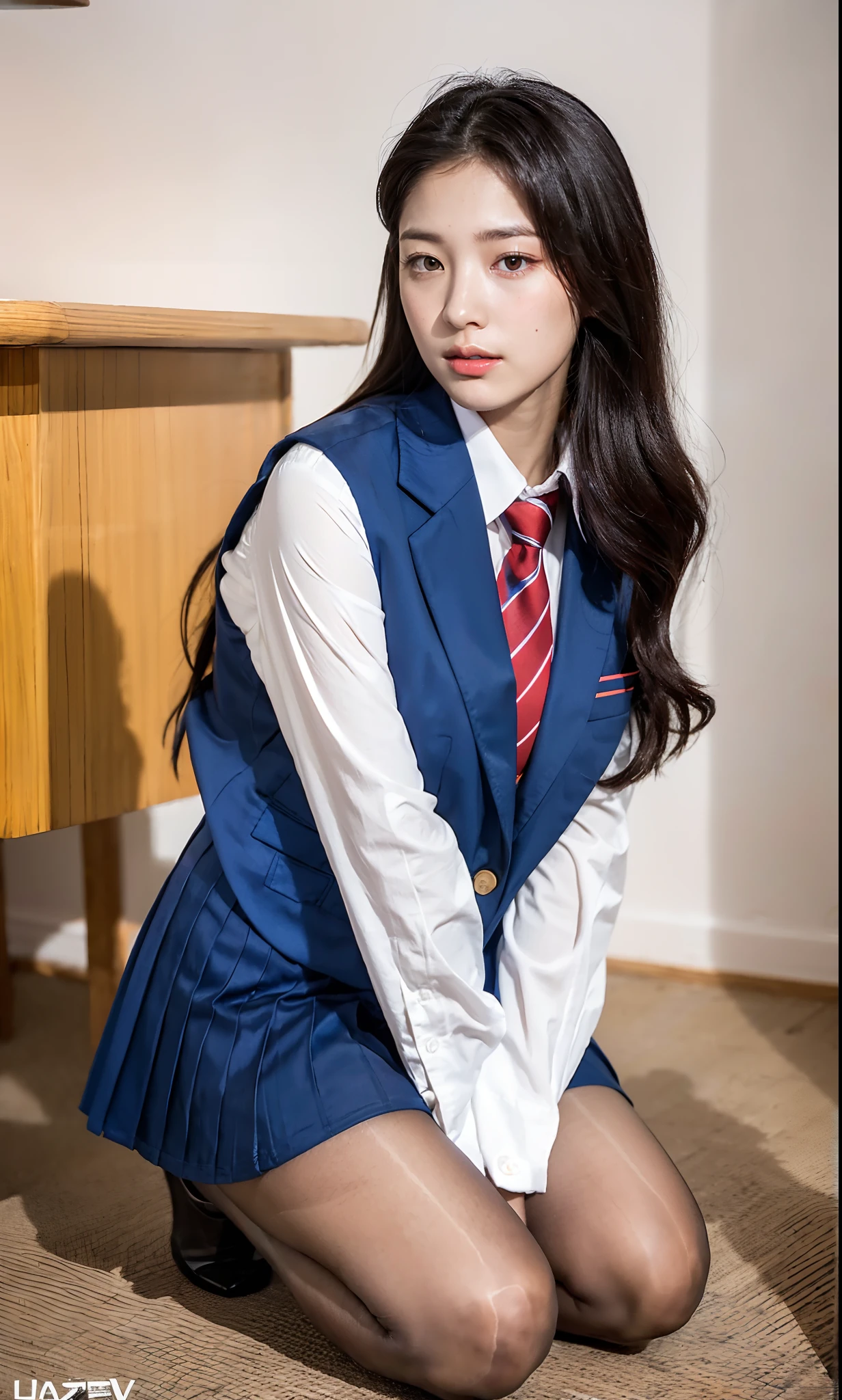ulzzang-6500-v1.1, (Raw foto:1.2), (Photorealistic:1.4), Beautiful detailed girl, very detailed eyes and face, Beautiful detailed eyes, Ridiculous, Unbelievably ridiculous., huge file size, A highly detailed, high resolucion, Very detailed, Best Quality, Masterpiece, Chemomimi, ((Japanese girls' high school uniform)), Illustration, Very detailed, BAPV, integrated, 8K wallpaper, amazing, Fine details, Masterpiece, Best Quality, Highly detailed YTD uniform 8k wallpaper, light on the face, Cinematic lighting, 1Girl, yo, (()), ((Dynamic Pose))), (camel toes), (half), (Pantyhose), (Kneeling and sitting with your legs bent))