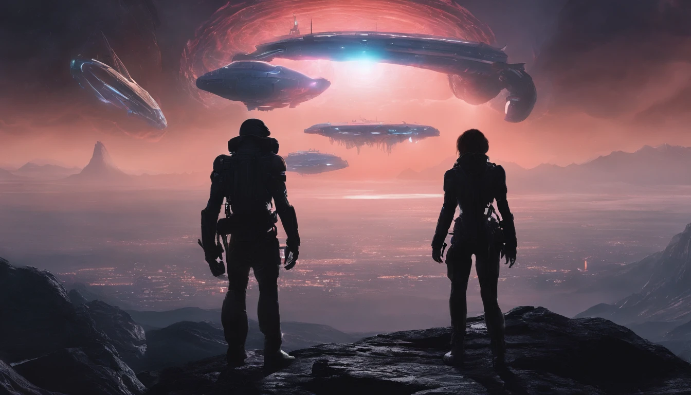 A couple Fighter Spaceship flying over a silhouette of a father and daughter from Vietnam who are standing on a mountain with the wind blowing the daughters hair and the fathers jacket, concept art wallpaper 4k, sci-fi fantasy wallpaper, sci fi artwork, detailed sci-fi art, beautiful sci fi art, spaceships in the cloudy sky, concept art artwork masterpiece, concept art 4k, concept art 4 k, sci fi concept art, mystical sci-fi concept art