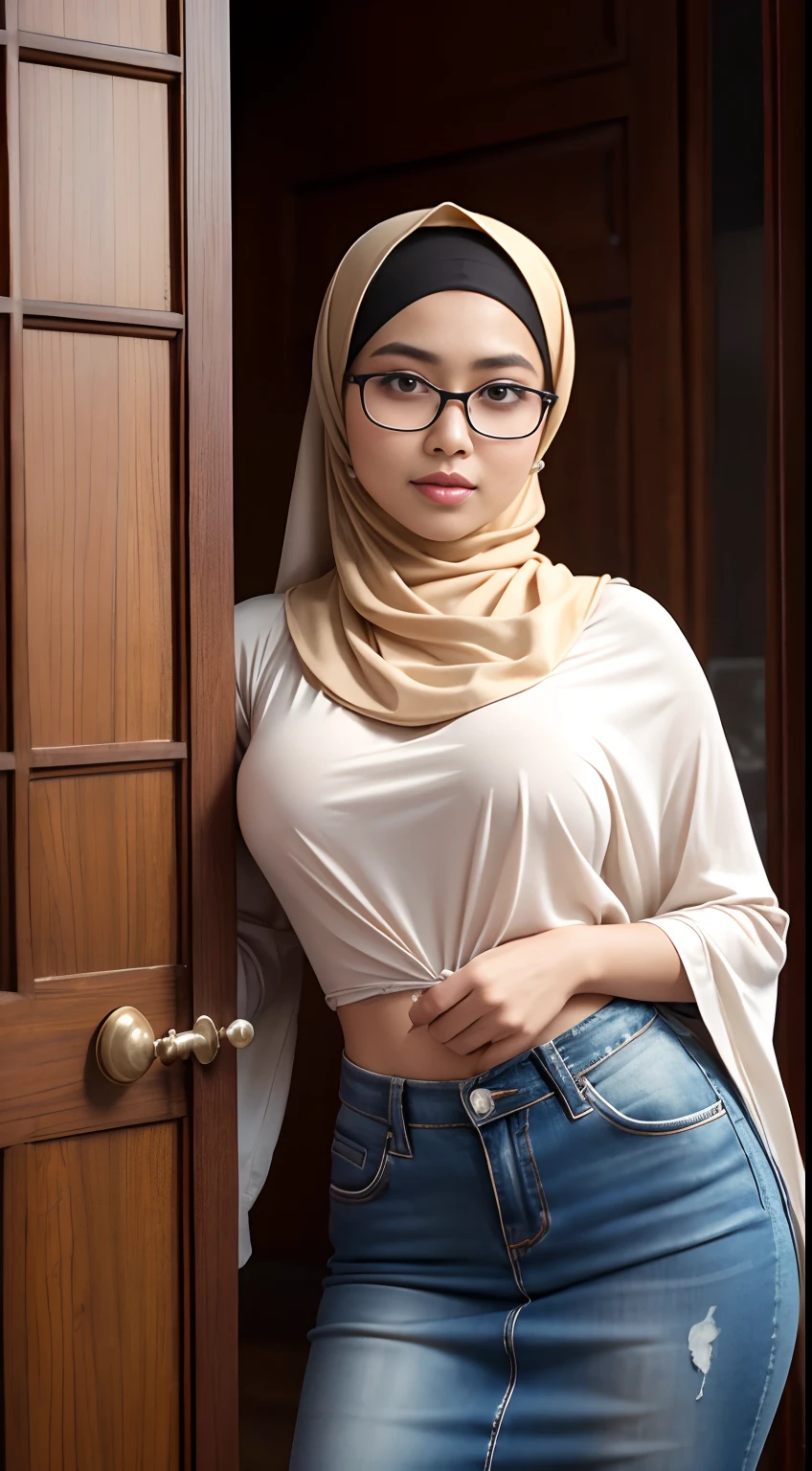 cowboy_shot,(iu:0.8),cleavage, RAW, Best quality, high resolution, Masterpiece: 1.3, Beautiful glasses pearl_skinned sexy hijabi javanese wearing shorts, Masterpiece, Soft smile