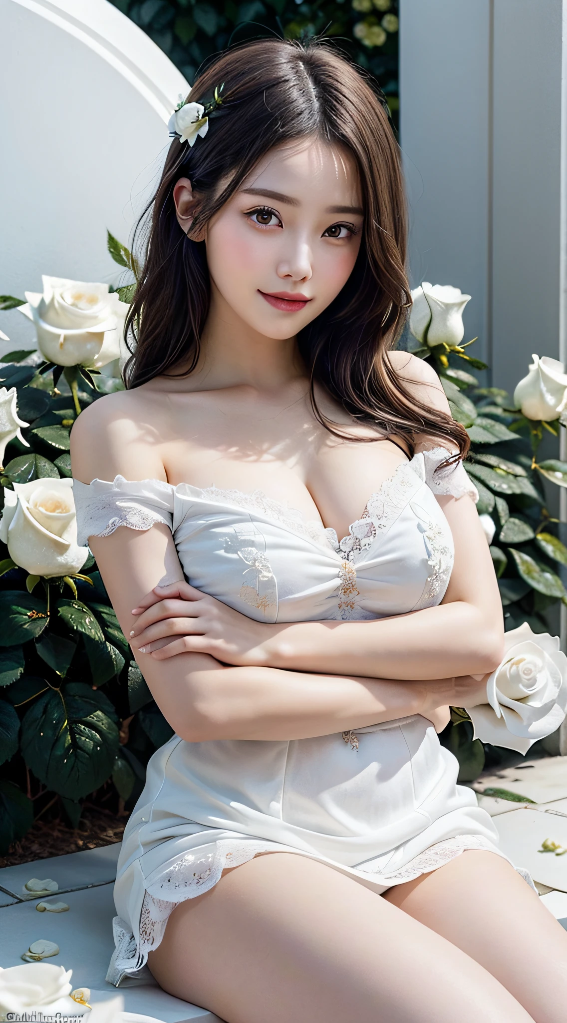 1girl, Amazing face and eyes, (extremely detailed beautiful face), smile slightly, (big round eyes), (Short white lace dress with open chest), (bare shoulders:1.3), (Hug your big breasts:1.3), (Best Quality:1.4), (Ultra-detailed), (Ultra realistic, photo-realistic:1.37), beautiful fair skin, extremely detailed CG unified 8k wallpaper, raw photos, professional photograpy, cinematic lighting, (white rose garden:1.5), (Surrounded by so many white rose:1.5), sitting, bench, Spread your legs wide open, panties, Inner thigh, Staring at me, fashionable, trendy, Clear skies,