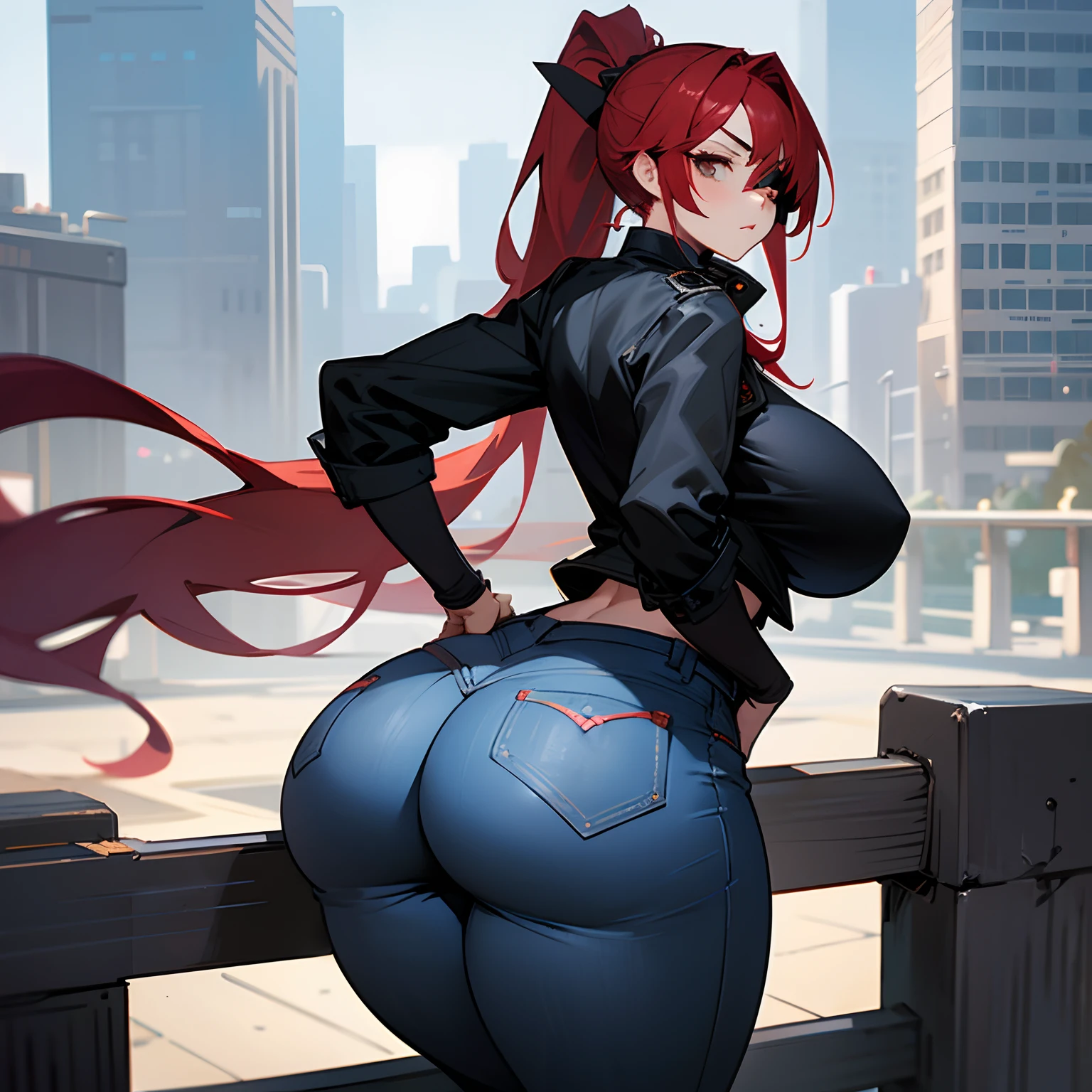 1girl, solo, detailed face, detailed eyes, red hair, long ponytail, white eye, serious, eyepatch, standing, huge breasts, huge ass, wide hips, black jacket, jeans, arched back, ass focus, outdoors, city