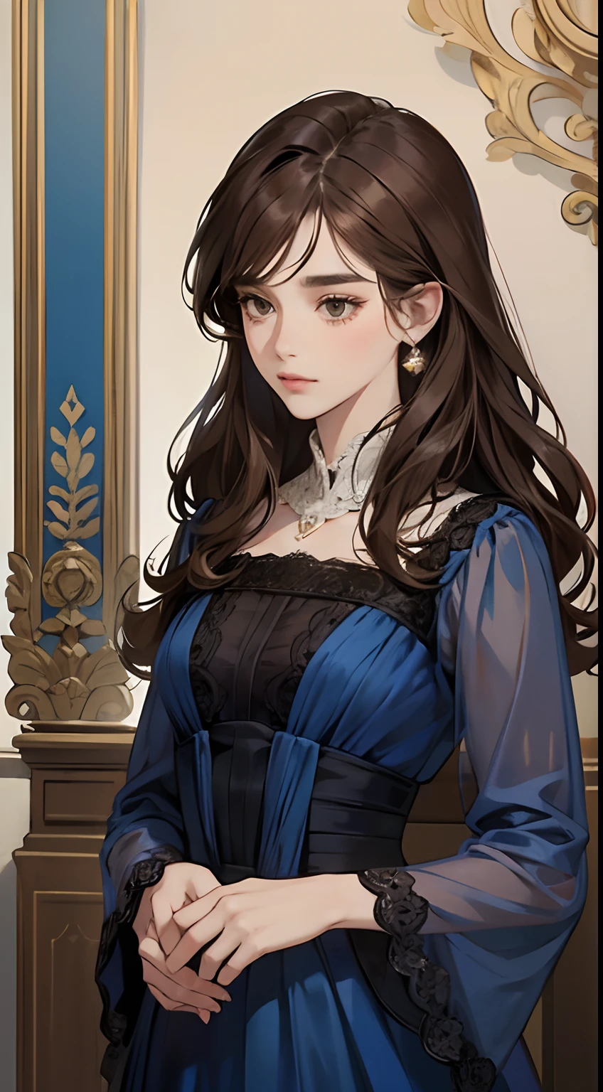 portrait of beautiful woman, in the palace, soft smile portrait, subtle features, intricate details, calm composition, tension, less contrast, texture, realism, high-quality rendering, stunning art, high quality, film grain, Fujifilm XT3, detailed skin, ((long slight wavy dark brown hair)), ((brown eyes)), ((18 year old)), ((front bangs hair)), ((dark blue gown)), ((royal look)), slight make up, mature female, full body, detailed