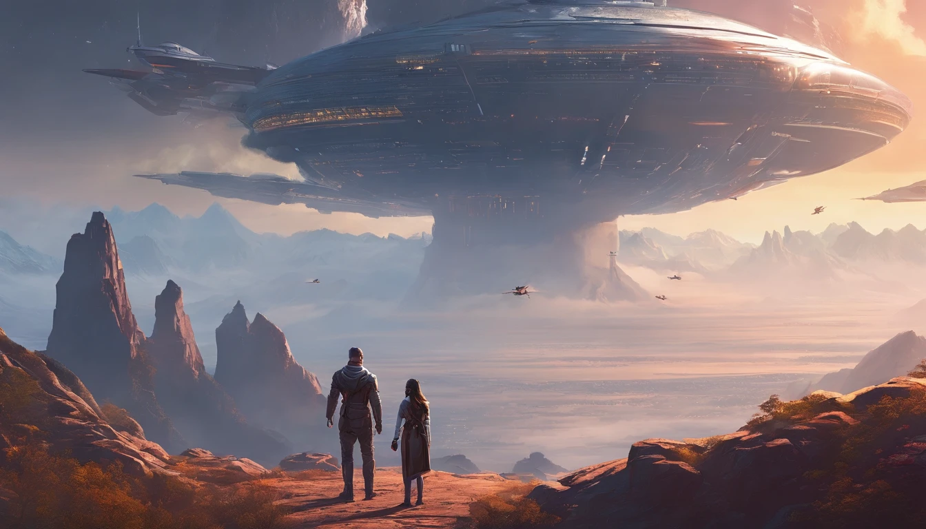 A couple Fighter Spaceship flying over a silhouette of a father and daughter from Vietnam who are standing on a mountain with the wind blowing the daughters hair and the fathers jacket, concept art wallpaper 4k, sci-fi fantasy wallpaper, sci fi artwork, detailed sci-fi art, beautiful sci fi art, spaceships in the cloudy sky, concept art artwork masterpiece, concept art 4k, concept art 4 k, sci fi concept art, mystical sci-fi concept art