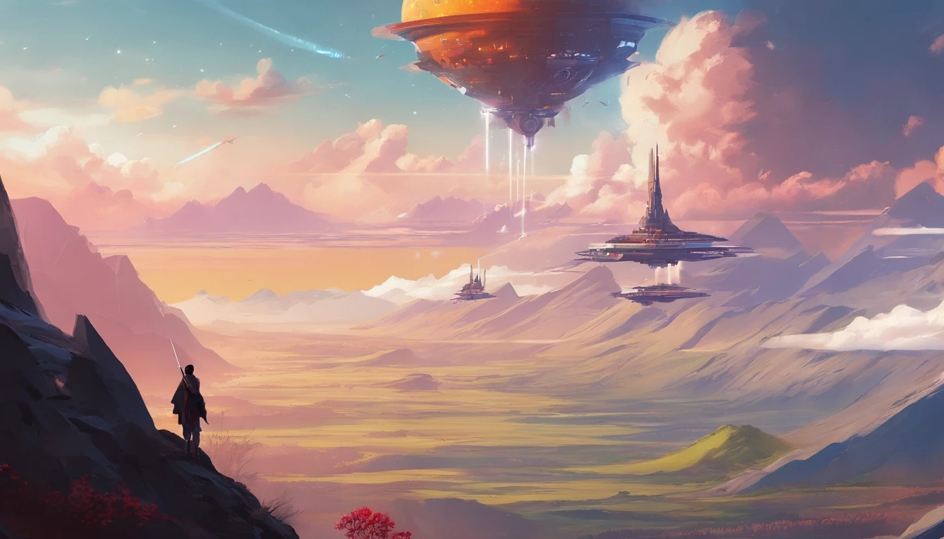 A couple Fighter Spaceship flying over a silhouette of a father and daughter from Vietnam who are standing on a mountain with the wind blowing the daughters hair and the fathers jacket, concept art wallpaper 4k, sci-fi fantasy wallpaper, sci fi artwork, detailed sci-fi art, beautiful sci fi art, spaceships in the cloudy sky, concept art artwork masterpiece, concept art 4k, concept art 4 k, sci fi concept art, mystical sci-fi concept art