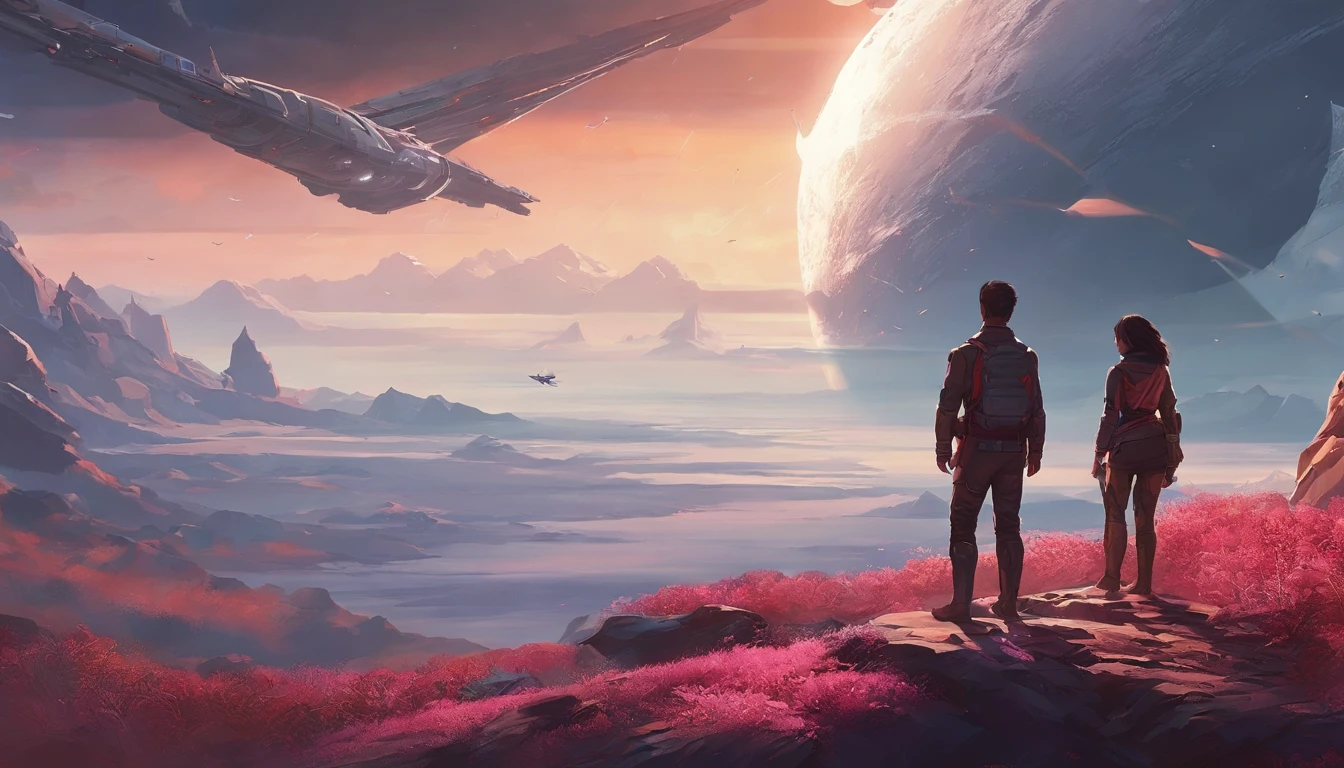 A couple Fighter Spaceship flying over a silhouette of a father and daughter from Vietnam who are standing on a mountain with the wind blowing the daughters hair and the fathers jacket, concept art wallpaper 4k, sci-fi fantasy wallpaper, sci fi artwork, detailed sci-fi art, beautiful sci fi art, spaceships in the cloudy sky, concept art artwork masterpiece, concept art 4k, concept art 4 k, sci fi concept art, mystical sci-fi concept art