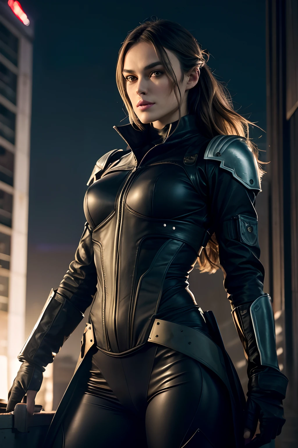 Keira Knightley ,Captivating appearance,olhos verdes,Smiling lips,olhar apaixonado,terno sedutor de mulher-gato de corpo inteiro,modelo de passarela,1.8m de altura,cabelo amarrado ,com traje futurista metal gear V ,tde corpo inteiro ,olhar consquitador , hyper realismmo alta 1.80 de altura cena cinematografica ,action , preto brilho