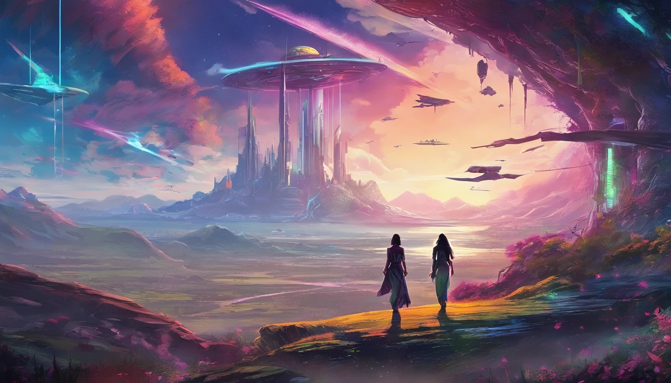 A couple Fighter Spaceship flying over a silhouette of a father and daughter from Vietnam who are standing on a mountain with the wind blowing the daughters hair and the fathers jacket, concept art wallpaper 4k, sci-fi fantasy wallpaper, sci fi artwork, detailed sci-fi art, beautiful sci fi art, spaceships in the cloudy sky, concept art artwork masterpiece, concept art 4k, concept art 4 k, sci fi concept art, mystical sci-fi concept art