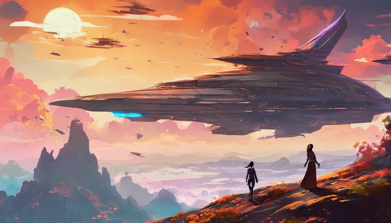 A couple Fighter Spaceship flying over a silhouette of a father and daughter from Vietnam who are standing on a mountain with the wind blowing the daughters hair and the fathers jacket, concept art wallpaper 4k, sci-fi fantasy wallpaper, sci fi artwork, detailed sci-fi art, beautiful sci fi art, spaceships in the cloudy sky, concept art artwork masterpiece, concept art 4k, concept art 4 k, sci fi concept art, mystical sci-fi concept art