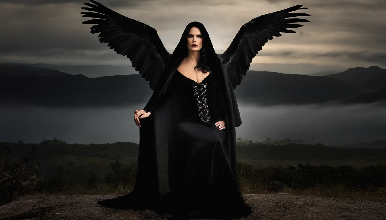 Mulher bonita, cabelo preto ondulado, Hooded cape on the head, olhos pretos, branca, pale features resembling Tarja, lead singer of Nightwish, batom preto, vestido longo preto ombro a ombro estilo vitoriano vintage , Skull Feet, adaga na cintura, Crow animal perched on left arm, Scenario of Citerio, Big cross behind with lots of melted candles, lua cheia ao fundo iluminando o ar sombrio e escuro, arte digital, bruxa