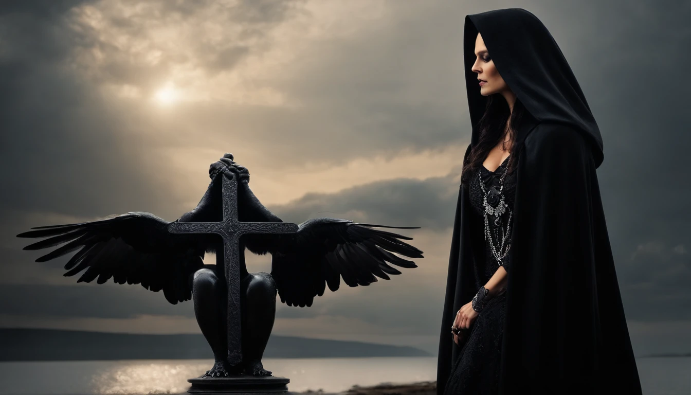 Mulher bonita, cabelo preto ondulado, Hooded cape on the head, olhos pretos, branca, pale features resembling Tarja, lead singer of Nightwish, batom preto, vestido longo preto ombro a ombro estilo vitoriano vintage , Skull Feet, adaga na cintura, Crow animal perched on left arm, Scenario of Citerio, Big cross behind with lots of melted candles, lua cheia ao fundo iluminando o ar sombrio e escuro, arte digital, bruxa