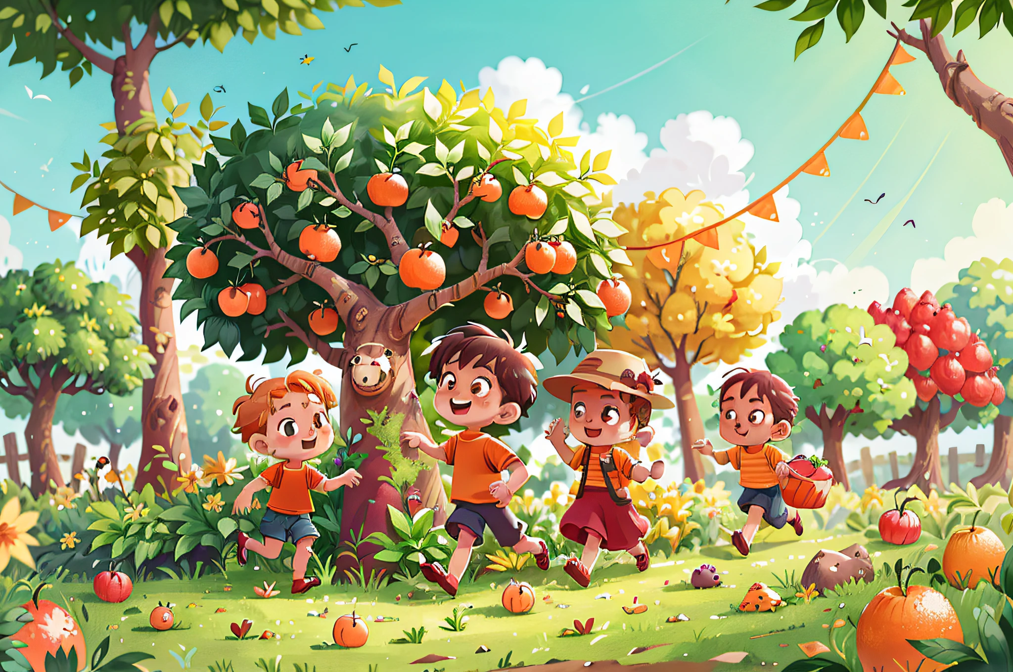 There is a small orange tree in the middle of the field, fruit trees, garden with fruits on trees,girl,On the run,The expression of laughter