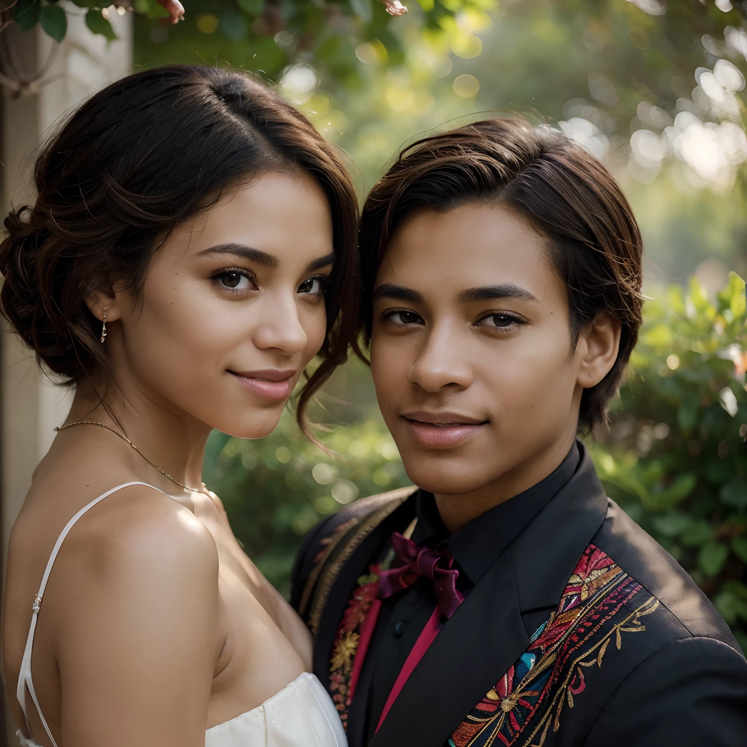 ultra-detailed,highres,best quality,masterpiece:1.2,(professional:1.1),(vivid colors:1.1),realistic,
-African-American couple with beautiful detailed eyes,expressive faces and charming smiles,
-[close-up] of the couple, focusing on their faces and eye contact,
-The couple is dressed elegantly in formal attire,
-They are standing against a vibrant, colorful background,
-The lighting is soft and romantic, with a warm glow illuminating their faces,
-The couple is surrounded by a subtle bokeh effect, adding depth to the image,
-The skin tones are rich and beautifully rendered,
-Detail is emphasized in the couple's hairstyles, clothing, and accessories,
-The image captures the love and intimacy between the couple,
-This masterpiece evokes a sense of joy, connection, and celebration,
-The colors are vibrant and lifelike, adding to the overall impact of the image.