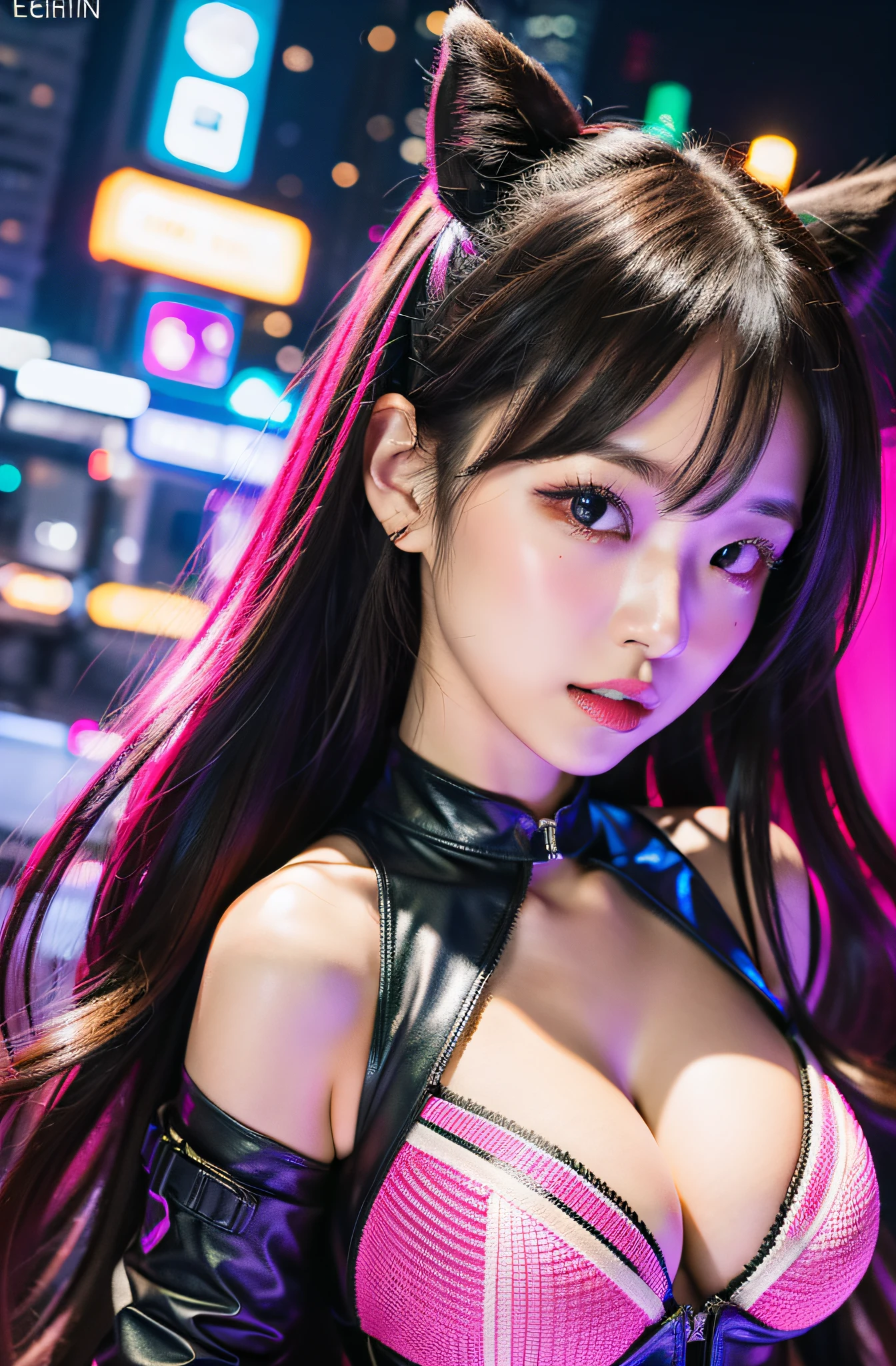 Night in Shibuya: Create ultra-realistic images of Eri from Morning Musume, Wearing a Halloween costume, Surrounded by the bustling cityscape of Shibuya at night. Neon lights in the city illuminated her, Highlights tips of her big bust and cleavage. Her teeth shine white against the glow of the city. The image is、It is necessary to blend the vibrancy of Shibuya with the enchanting beauty of Eri. Medium: Photography, Style: Ultra HD Urban Realism, Lighting: Neon city lights with soft reflections, Colors: Vivid urban colors with the contrast of Eri's costumes, Composition: Canon EOS 5D Mark IV DSLR Camera, EF 50mm f/1.8 STM lens, Resolution 16k, ISO sensit: 200, Shutter Speed 1/60 second, Dynamic range to capture the lights and shadows of the city, Elipin has a sharp focus. --ar 16:9 - V5.1 --Style raw --Q 2 --S 750
