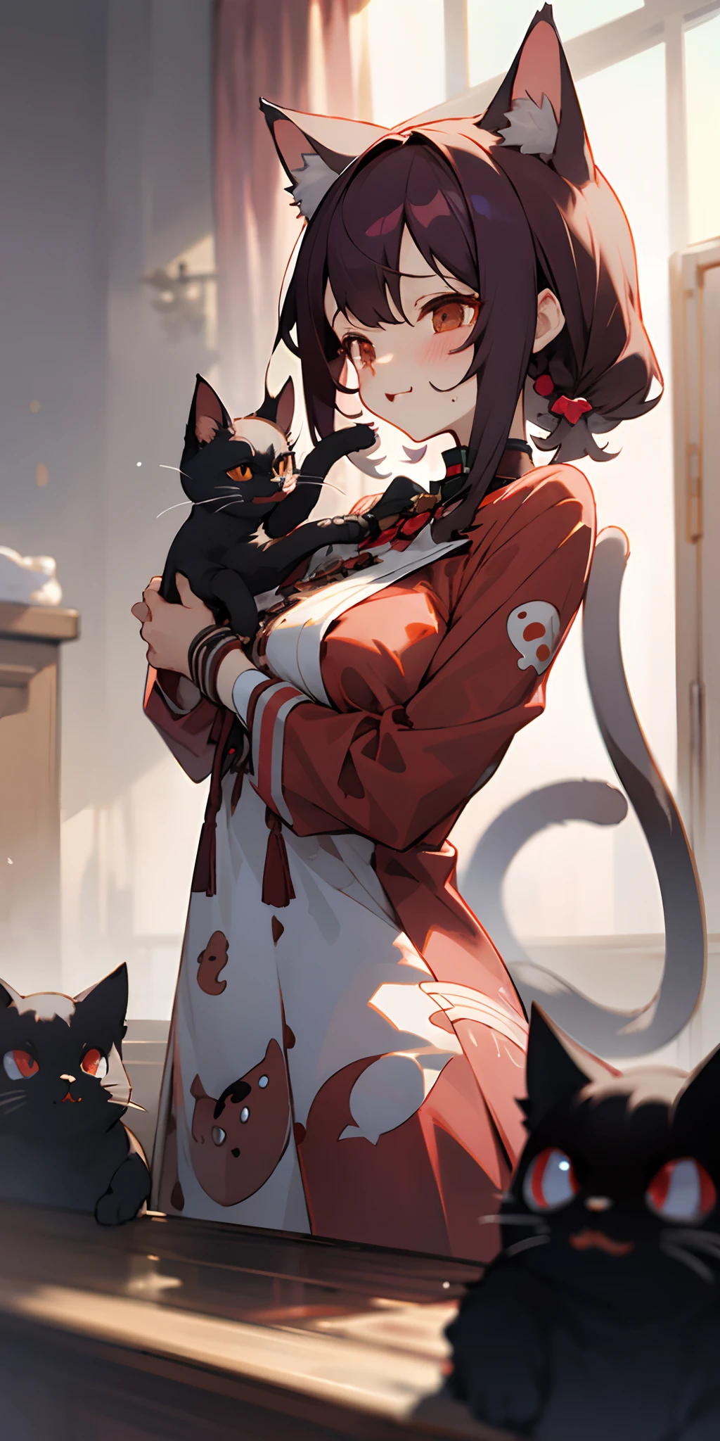(tmasterpiece,best qualtiy),1个Giant Breast Girl,crumbs,Female imps,cat ear,whereabouts,Blurred foreground