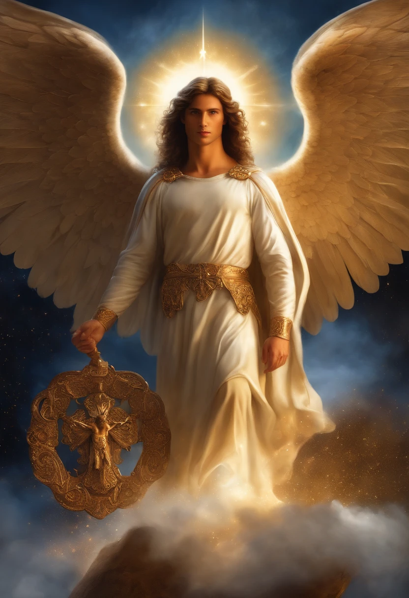 retrato de um personagem masculino, o arcanjo Miguel, imagem celestial, detalhes intricados, realista, asas ROSAS e grandes, fundo angelical, Catholic illustrative image of the archangel Michael, Male character of the Bible, Michael is wearing his angelic armor, cosmic background, Illumination in the Archangel and in the background, imagem do corpo todo do anjo, Maximum detail and his angelic face and wings, pele perfeita realista, Maximum image quality, Miguel ele esta destacado na imagem com cores fortes e chamativas.