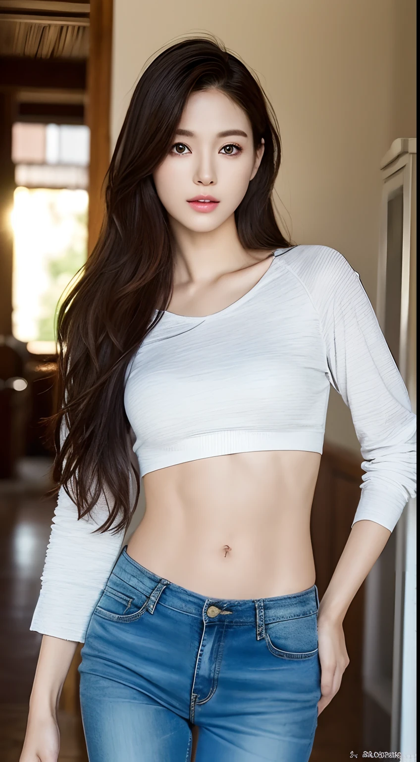 ((Realistic lighting, Best Quality, 8K, masutepiece, Full body portrait: 1.3)), Clear focus: 1.2, girl with, Perfect figure: 1.4, Slim abs: 1.1, ((Dark brown curly hair、gradation hair)), (Short hoodie with short sleeves and jogging: 1.4),A small navel is visible、 Super fine face, Fine eyes, Double eyelids, Woman posing outdoors,  Tanned beautiful Japan woman、Fold your hands behind your back、Lower your pants a little more