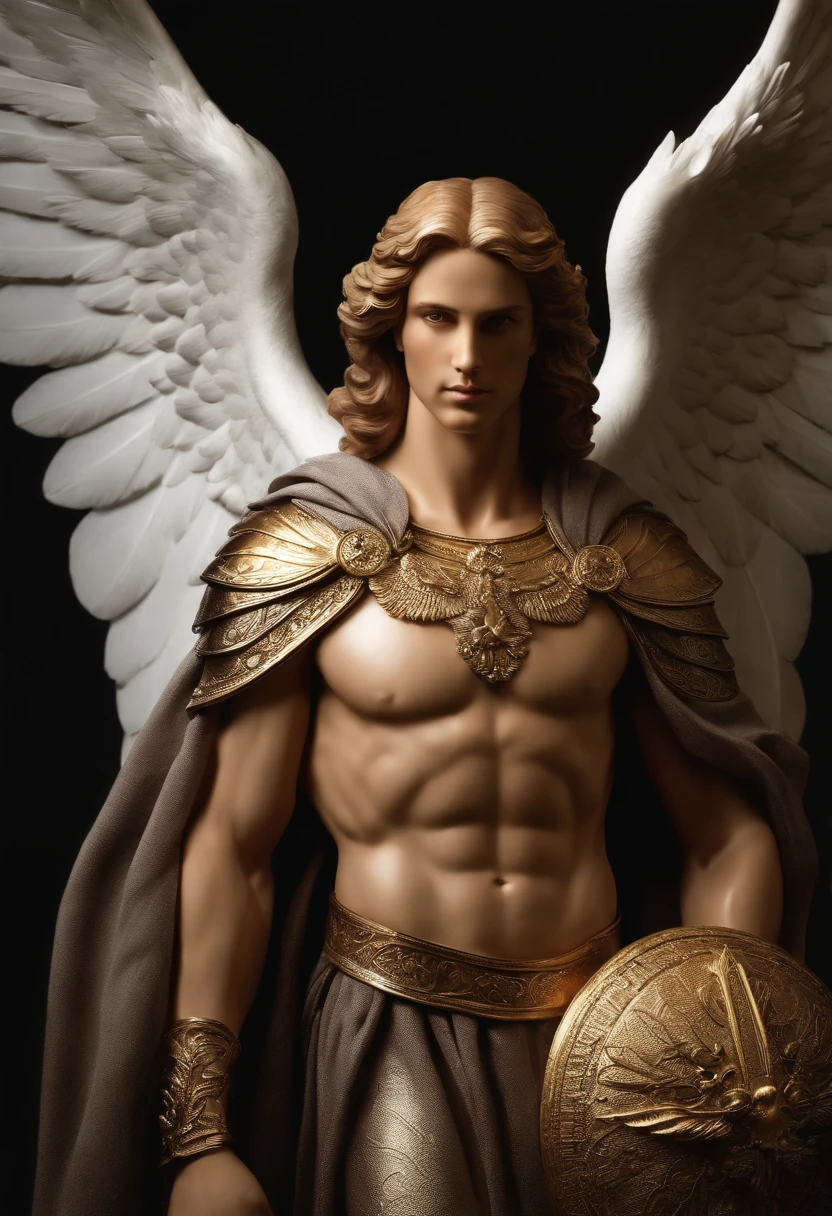 retrato de um personagem masculino raw, o arcanjo Miguel, imagem celestial, detalhes intricados, realista, asas ROSAS e grandes, fundo angelical, Catholic illustrative image of the archangel Michael, Male character of the Bible, Michael is wearing his angelic armor, cosmic background, Illumination in the Archangel and in the background, imagem do corpo todo do anjo, Maximum detail and his angelic face and wings, pele perfeita realista, Maximum image quality, Miguel ele esta destacado na imagem com cores fortes e chamativas.