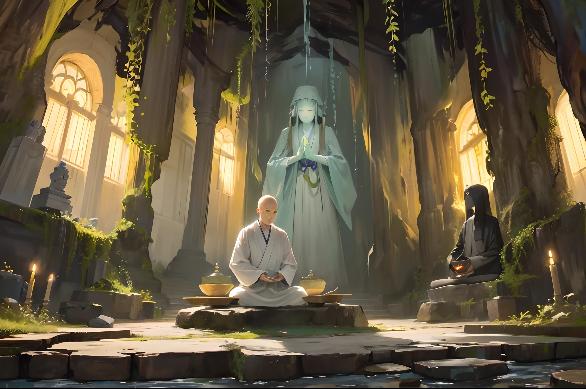 (Very detailed representation)Monge Arafed sentado em frente a uma cachoeira em uma caverna,Soothing breathing in silence,deep meditation,Cena de monges budistas meditando, quieto,Composition of Zen Meditation Formed by Wooden Stone Structure, Very beautiful composition,Retrato do monge,ancient japanese monk, The meditation posture is clear and clear,Meditando,Sculpted Meditation Pose, imagem de corpo inteiro de um monge masculino, Held in the cave area by tribal monks of the 2nd and 1st centuries;Mysterious Lotus Meditation,A Very Mysterious Zen Composition, Bring a sense of meditation experience on the Hindu stage。