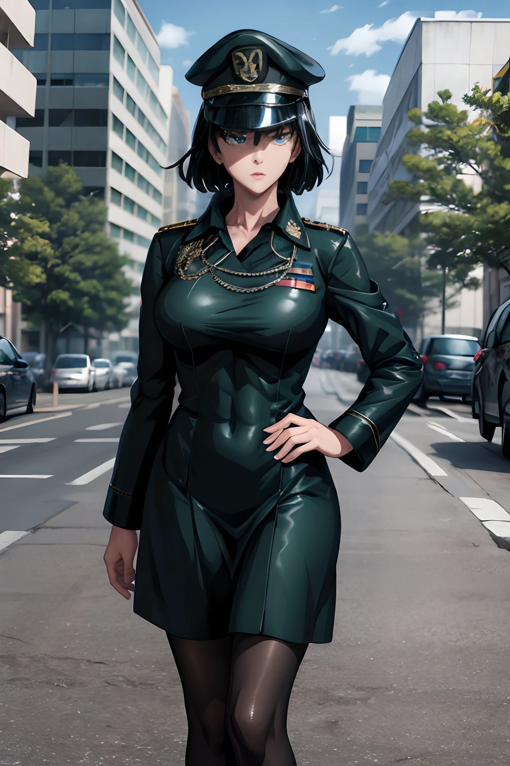 Fubuki vestida con uniforme militar, uniforme negro, gorra militar, uniforme militar, abrigo negro, botas negras, mirando al espectador