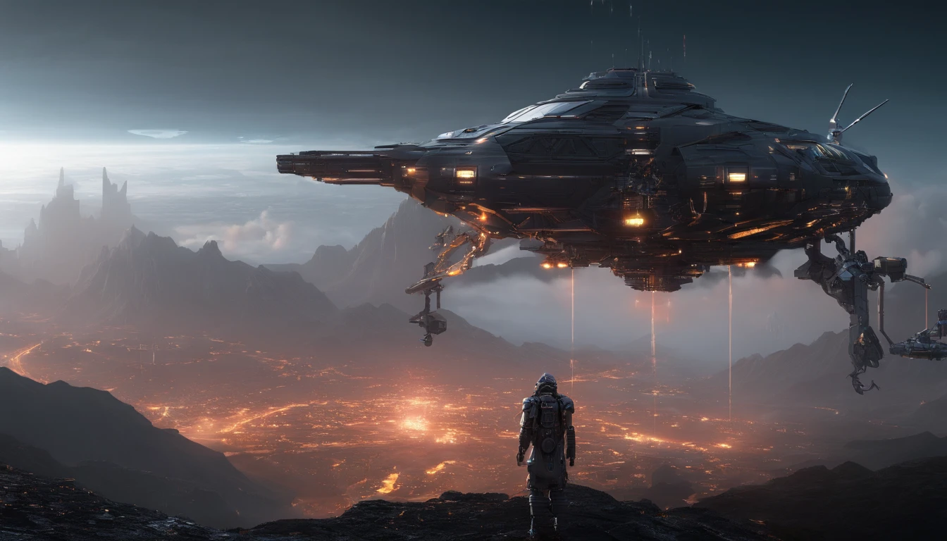 A couple Fighter Spaceship flying over a silhouette of a father and daughter from Vietnam who are standing on a mountain with the wind blowing the daughters hair and the fathers jacket, concept art wallpaper 4k, sci-fi fantasy wallpaper, sci fi artwork, detailed sci-fi art, beautiful sci fi art, spaceships in the cloudy sky, concept art artwork masterpiece, concept art 4k, concept art 4 k, sci fi concept art, mystical sci-fi concept art