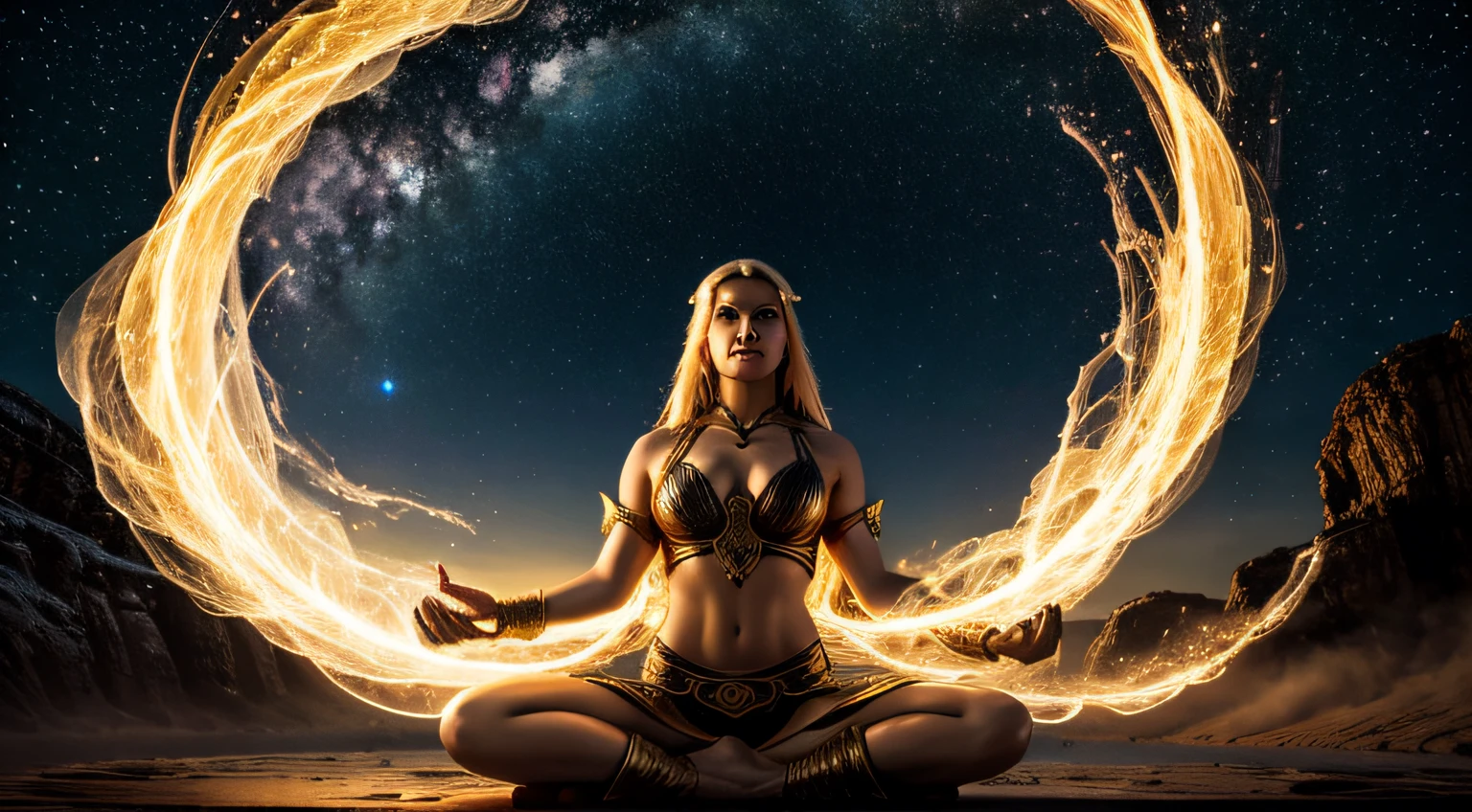 Immortal Norse Goddess, super bonito, 8k, seios super grandes, Meditando, O pano cobre a maior parte de seu corpo, sentado de pernas cruzadas, golden luminous magic circle spinning behind her, magical aura around its parts, Magia, fantasia, milkyway background, 4 elementos: fire, water, vento, a terra a rodeia;,