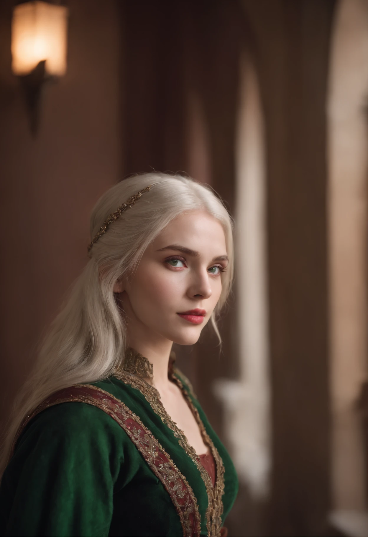 (((a deep reddish wound crosses her left cheek))) fair complexion, woman around 19 years old, natural white hair, distinctive green eyes, wearing kohl, slender and graceful, beautiful, candlelight in a medieval setting, ultra sharp focus, realistic shot, medieval female clothes, tetradic colors (scar:1.4)