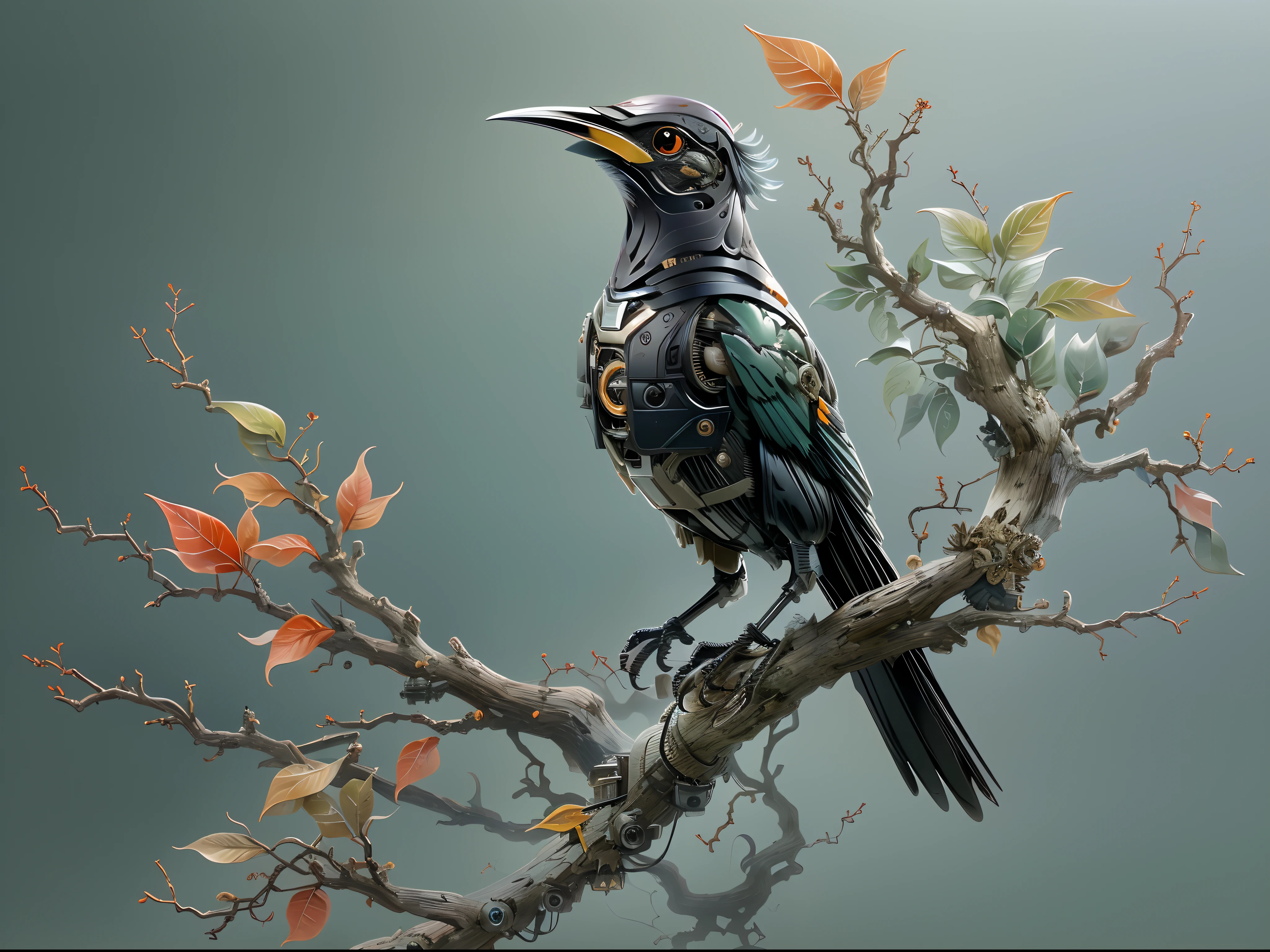 (Best quality,4K,8K,A high resolution,Masterpiece:1.2)。(There is a mechanical crow on the branch:1.37)，Glowing eyes，sharp beak,。beautifully soft lit, Edge light,