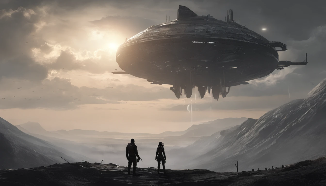 A couple Fighter Spaceship flying over a silhouette of a father and daughter from Vietnam who are standing on a mountain with the wind blowing the daughters hair and the fathers jacket, concept art wallpaper 4k, sci-fi fantasy wallpaper, sci fi artwork, detailed sci-fi art, beautiful sci fi art, spaceships in the cloudy sky, concept art artwork masterpiece, concept art 4k, concept art 4 k, sci fi concept art, mystical sci-fi concept art