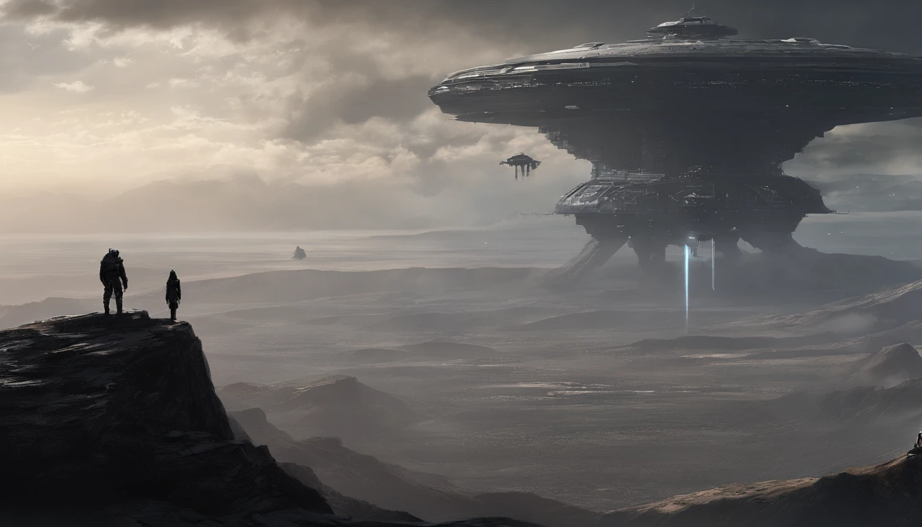 A couple Fighter Spaceship flying over a silhouette of a father and daughter from Vietnam who are standing on a mountain with the wind blowing the daughters hair and the fathers jacket, concept art wallpaper 4k, sci-fi fantasy wallpaper, sci fi artwork, detailed sci-fi art, beautiful sci fi art, spaceships in the cloudy sky, concept art artwork masterpiece, concept art 4k, concept art 4 k, sci fi concept art, mystical sci-fi concept art