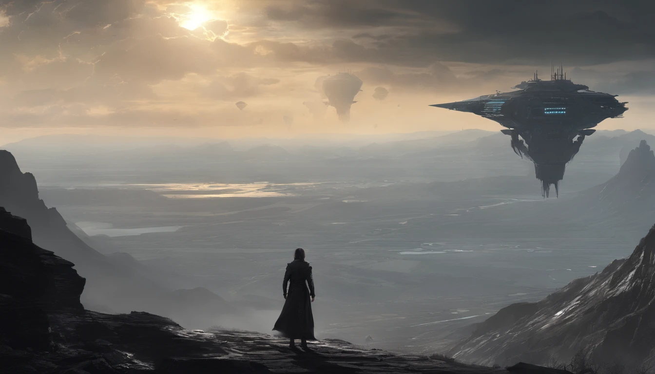 A couple Fighter Spaceship flying over a silhouette of a father and daughter from Vietnam who are standing on a mountain with the wind blowing the daughters hair and the fathers jacket, concept art wallpaper 4k, sci-fi fantasy wallpaper, sci fi artwork, detailed sci-fi art, beautiful sci fi art, spaceships in the cloudy sky, concept art artwork masterpiece, concept art 4k, concept art 4 k, sci fi concept art, mystical sci-fi concept art