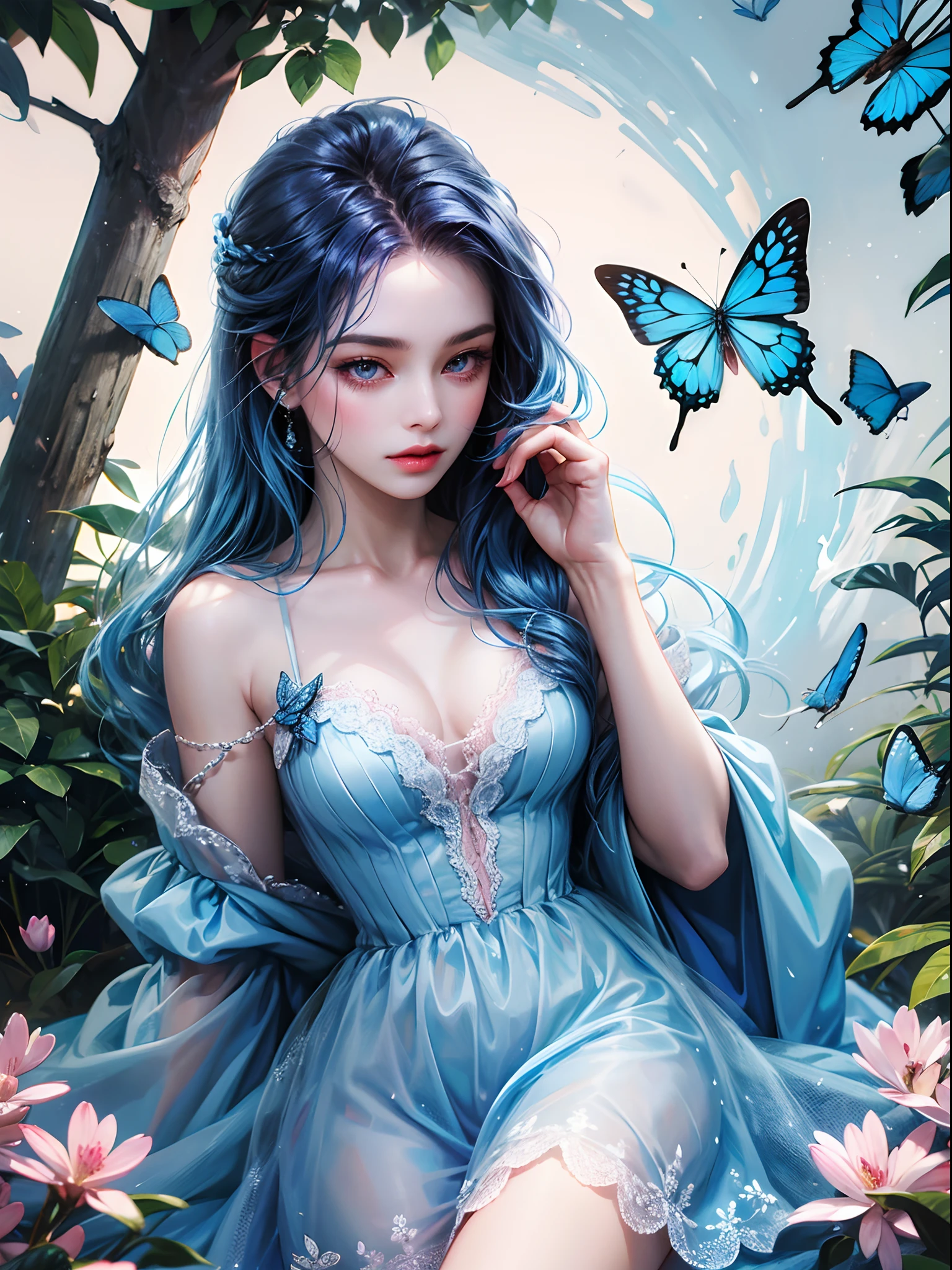 a women, blue butterfly, blue hair, pink eyes, blue dress