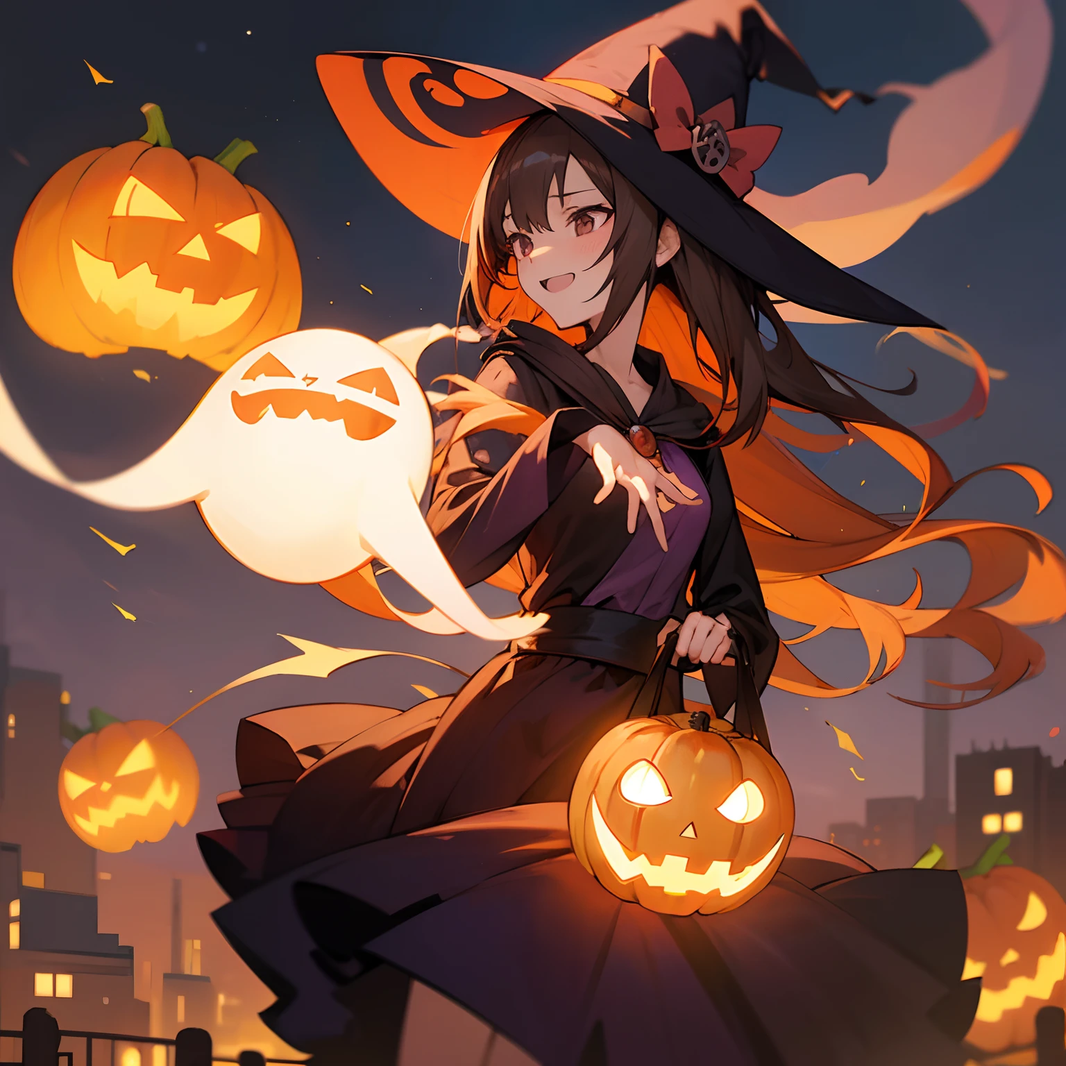 Best Quality, (((masutepiece))), Anime style, The girl is alone, the witch, A dark-haired, The long-haired, Bursting smile, magia, City of Halloween, People who dress up々, Ghost in the Night Sky, Jack-o'-lantern, Dancing Witch, Cheerful ghost