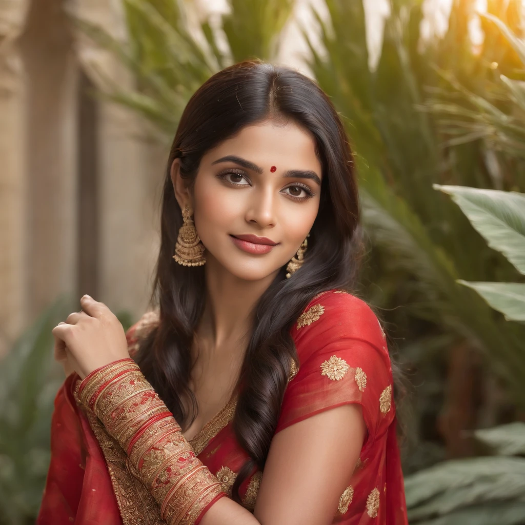 (best quality,4k,8k,highres,masterpiece:1.2),ultra-detailed,(realistic,photorealistic,photo-realistic:1.37),exquisite brown-eyed Indian girl with captivating smile,wearing a beautiful red and gold embroidered saree,tastefully decorated with intricate patterns,traditional ethnic jewelry,including a necklace, earrings, and a maang tikka,standing in a lush garden surrounded by vibrant flowers and tall palm trees,bathed in soft golden sunlight,creating a warm and peaceful atmosphere,the girl's long, lustrous black hair flowing down her back,softly touches of henna on her hands and feet,enhancing her natural beauty,her posture portrays grace, elegance, and confidence.