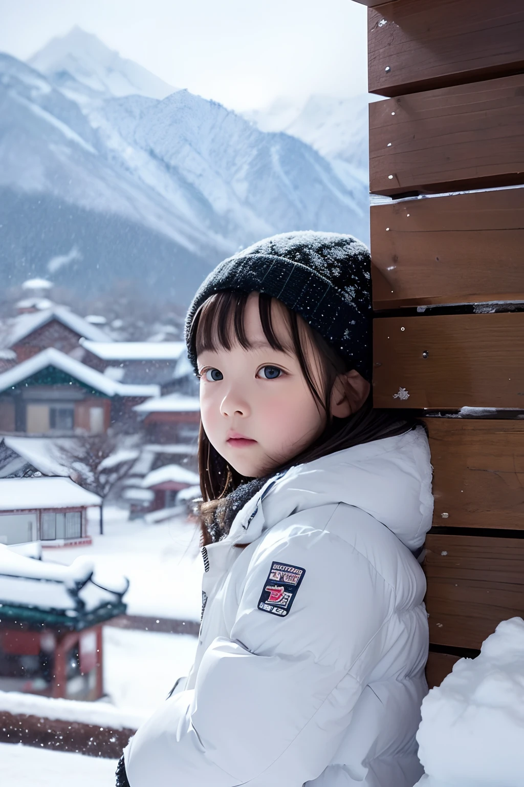 drifting snow, Little girl and round-eyed cat. There are snowflakes falling. snow mountains.