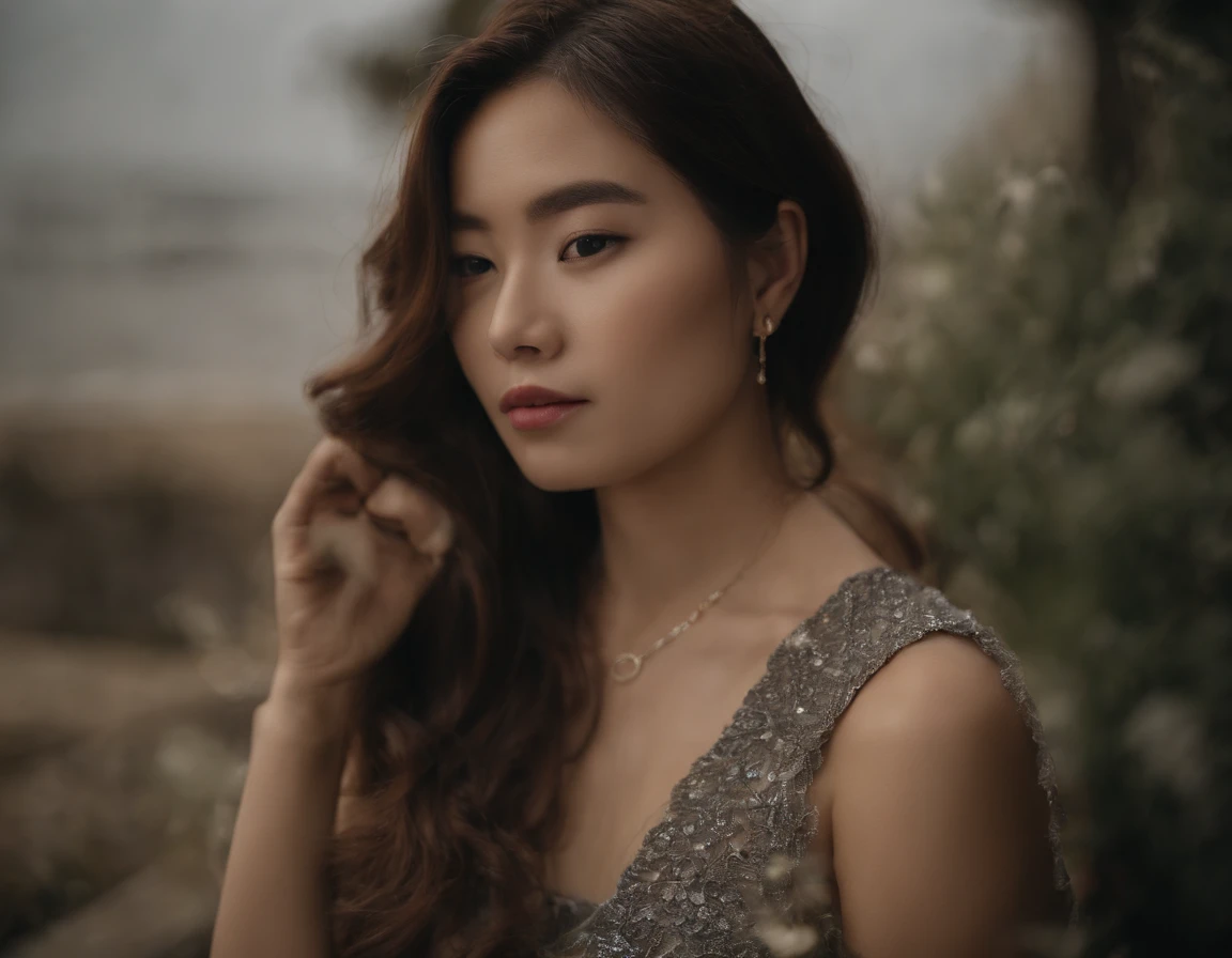 (Best quality, 8k, 32k, Masterpiece, UHD:1.2),Photo of Pretty Korean woman, large breasts, very short bob hair,upper body,face focus,oversized_sweater, necklace, simple background, from above, looking at viewer,