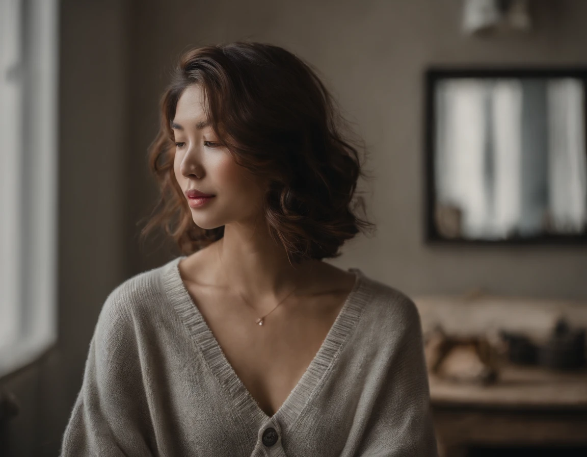 (Best quality, 8k, 32k, Masterpiece, UHD:1.2),Photo of Pretty Korean woman, large breasts, very short bob hair,upper body,face focus,oversized_sweater, necklace, simple background, from above, looking at viewer,