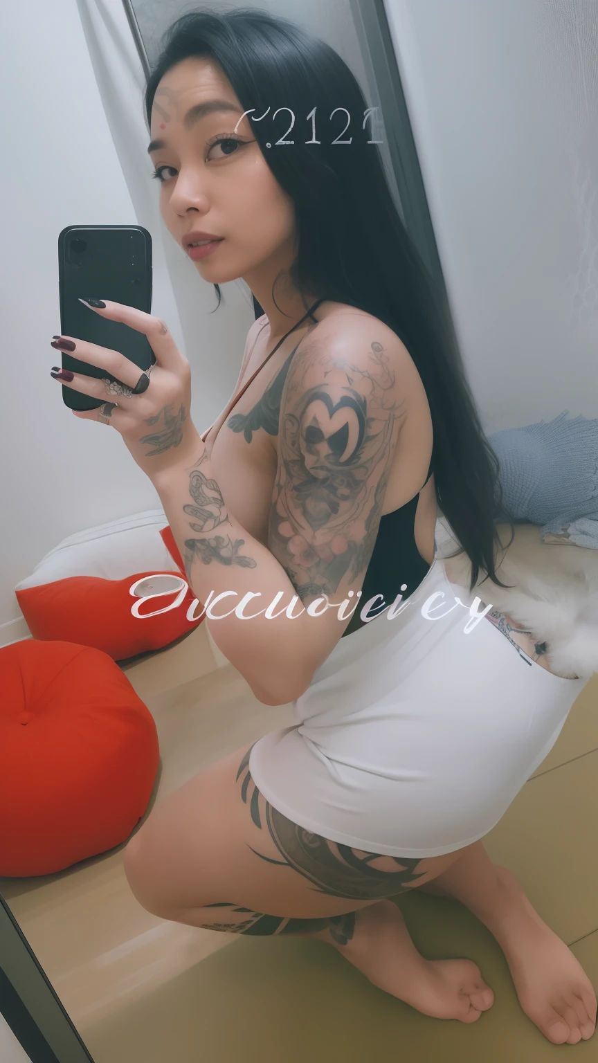 There's a woman with tattoos taking a selfie in a mirror, sexy :8, 1614572159, Loreta Lux, estilo sexy, Malika Favre, Ayahausca, sedutor e poderoso, A beautiful detailed orisha, por :5 sexy: 7, 2263539546]