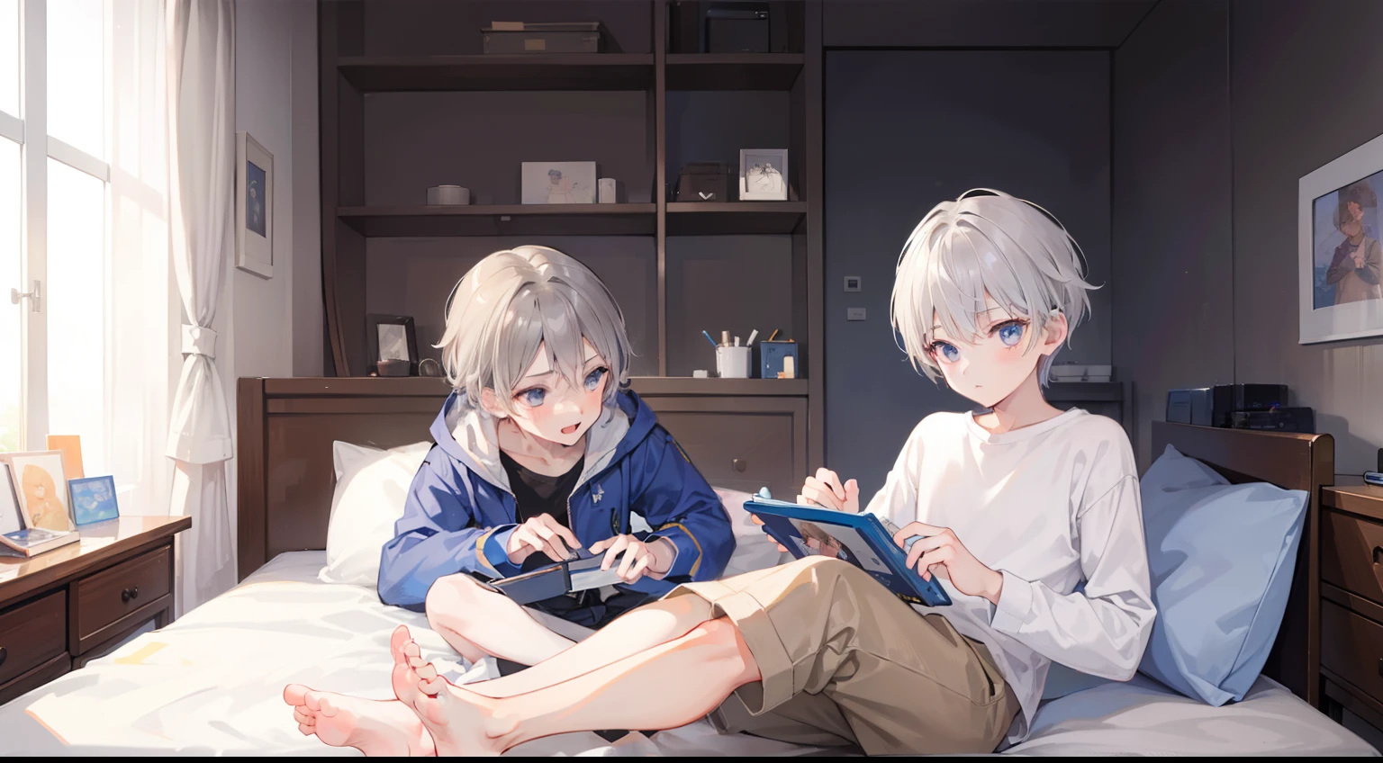 Two , Silver-haired boy and brown-haired boy,Boy's room、games、Boys Love、Talking、hight resolution、ultra-detailliert