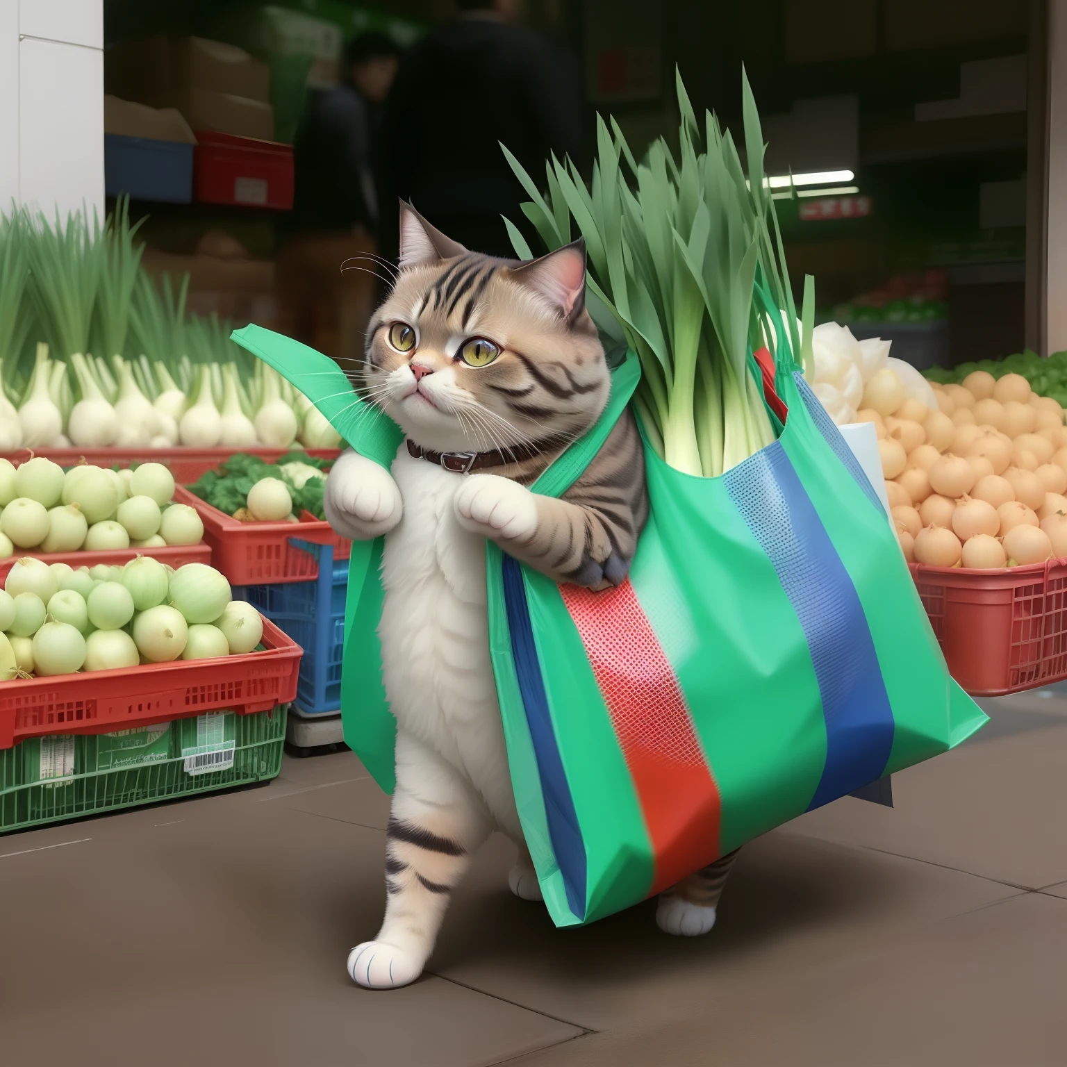 araffy cat carrying a bag of onions in a market, getting groceries, shopping groceries, the cat is walking, funny cat, chonker cat, carrying big sack, running cat, !!! cat!!!, fat cat, exotic shorthair cat, by Li Mei-shu, highly fashionable, happy cat, carrying flowers, awesome cat, cute cat, in an action pose