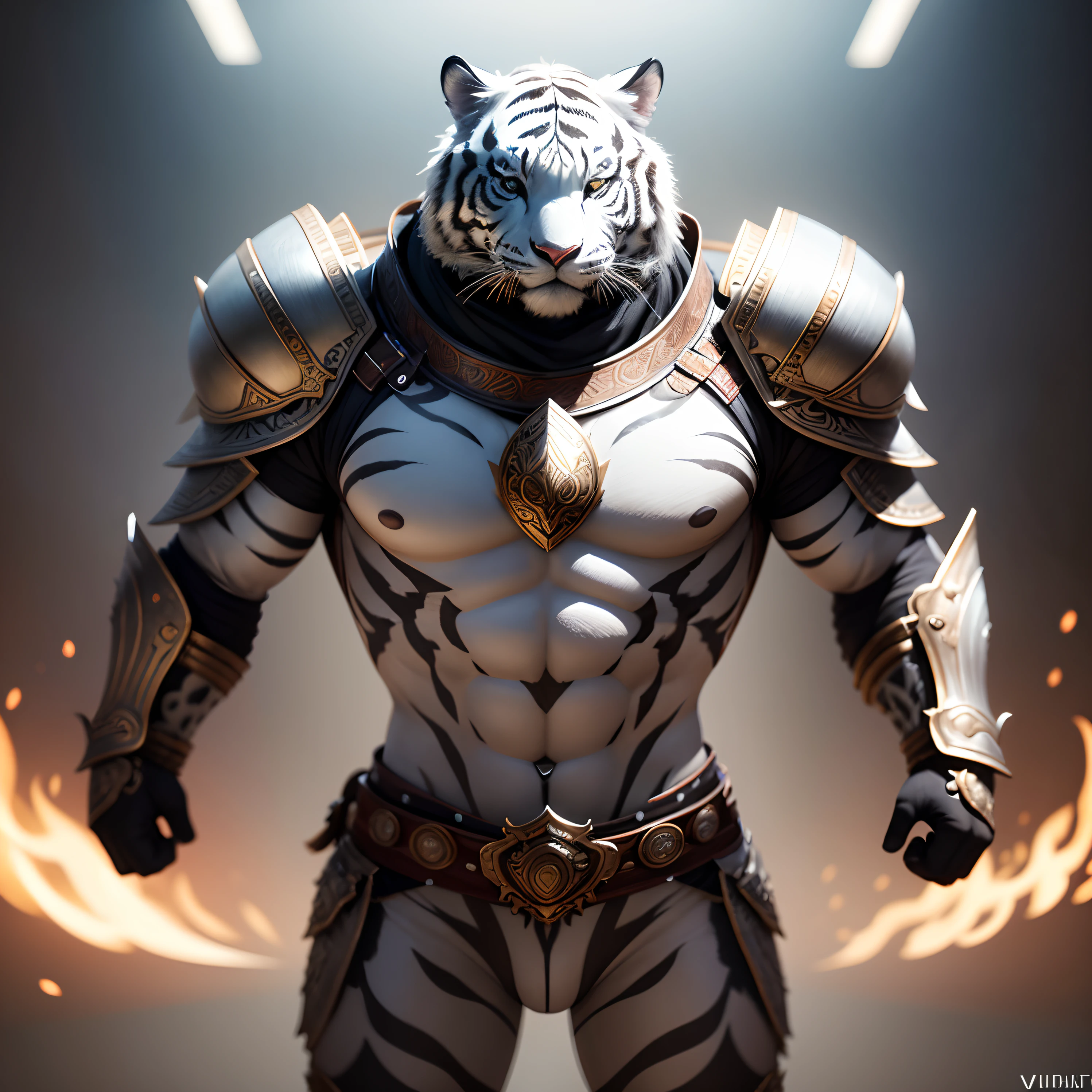 Super cute white tiger warrior in 4K realistic armor, super detailed, vray display, unrealistic engine, midjourneyart style.