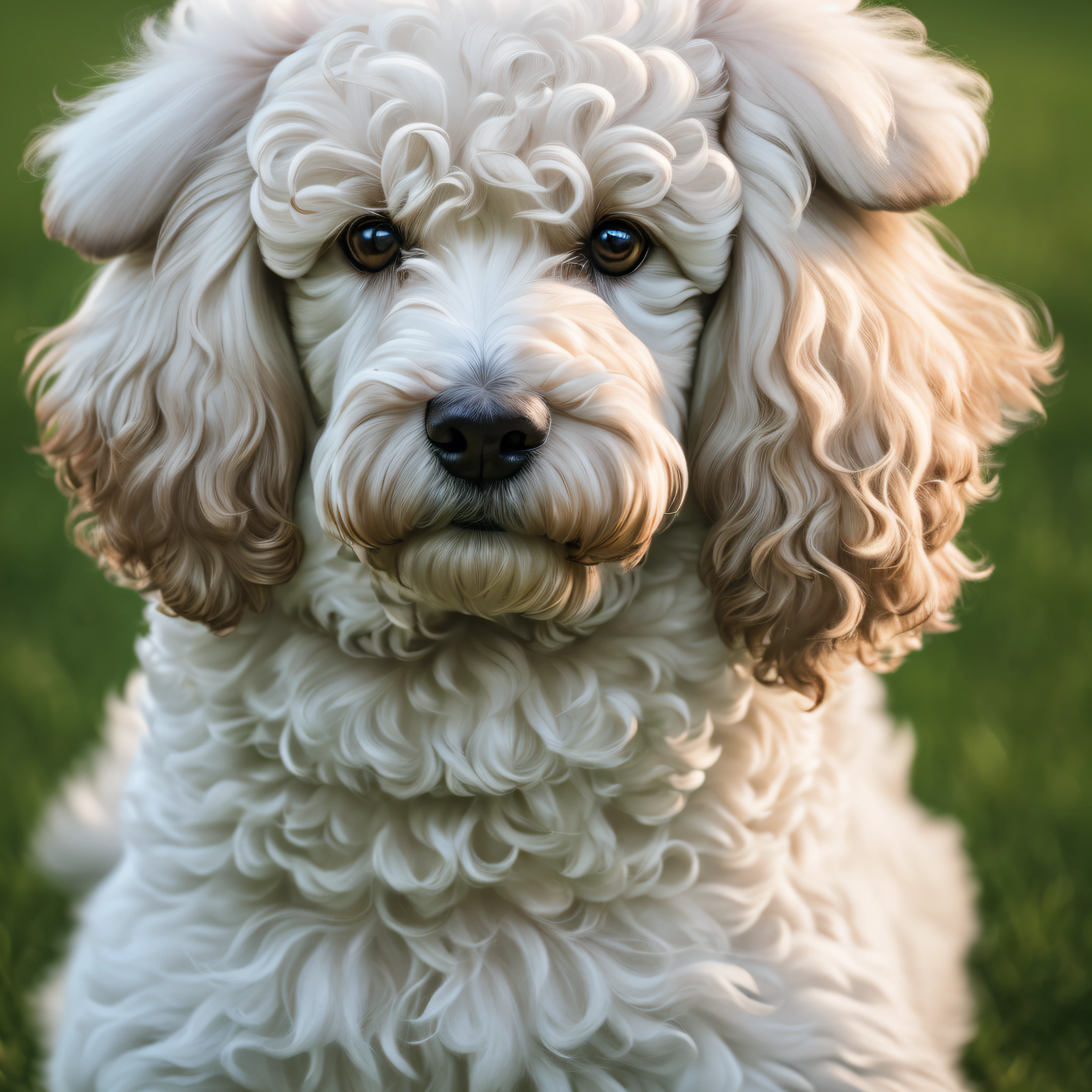 (8k, RAW photo, best quality, masterpiece:1.2), (realistic, photo-realistic:1.4), ultra-detailed, (high detailed skin:1.2), 8k uhd, dslr, soft lighting, high quality, film grain, Fujifilm XT3, White Poodle, outdoors